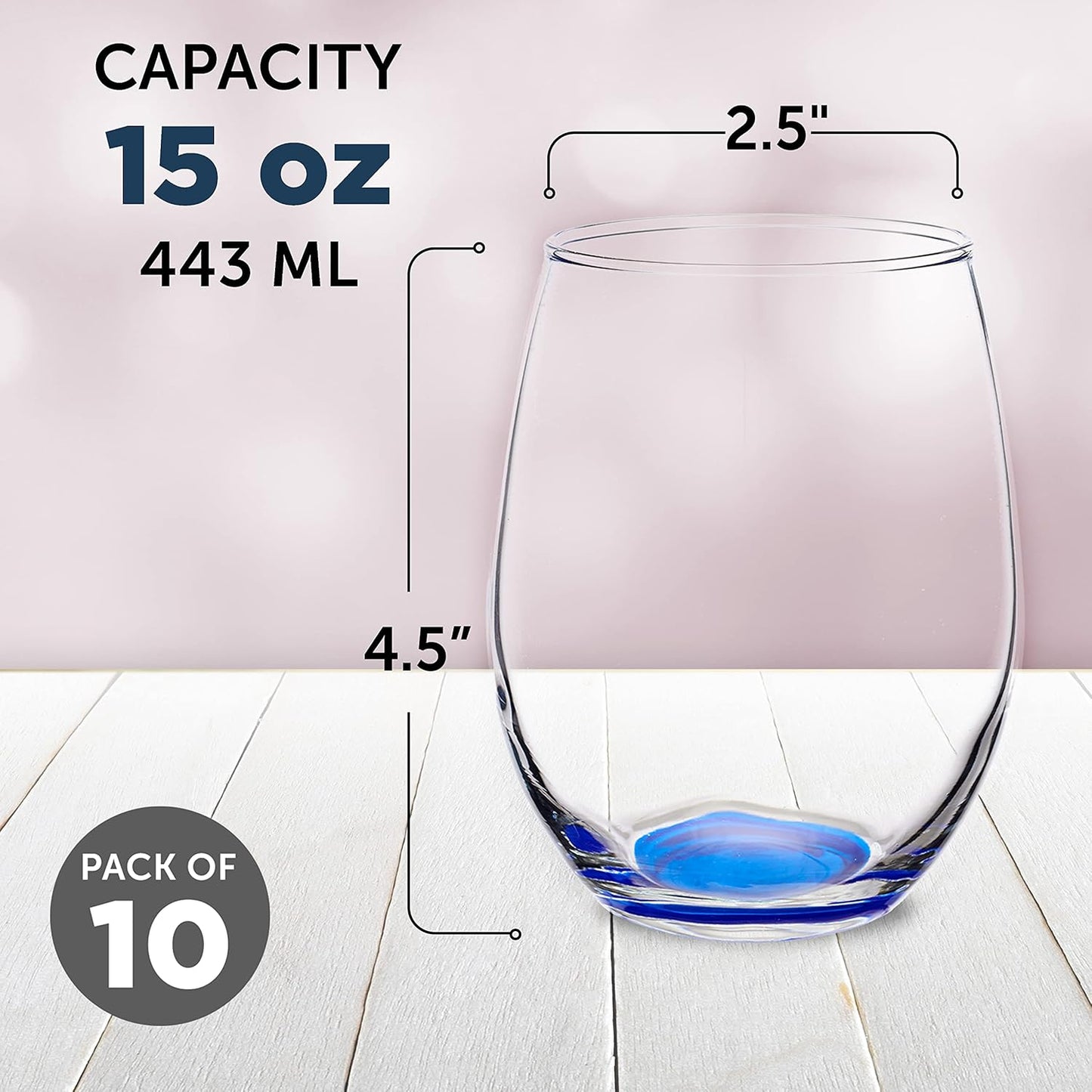 DISCOUNT PROMOS Stemless Wine Glasses in Bulk by ARC Perfection, 15 oz -10 pack, Red or White Wine Glass Drinking Set, Blue