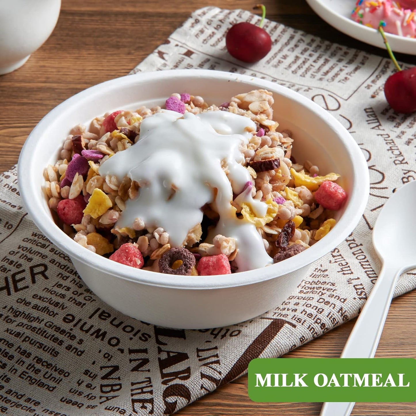 Vplus 180 Pack 16 OZ Paper Bowls, Disposable Compostable Bulk, Eco-friendly Bagasse, Heavy-duty Bowls Perfect for Milk Cereals, Snacks, Salads