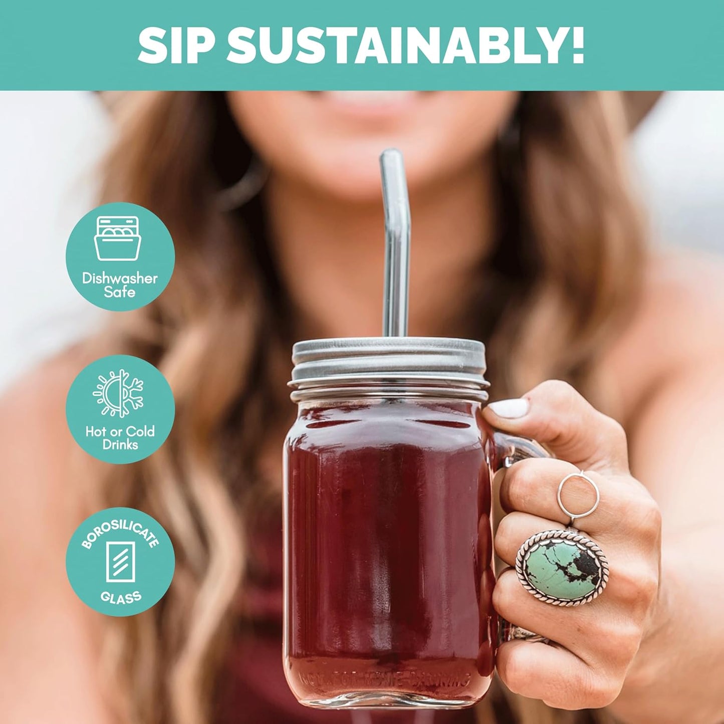 Simply Straws 8 Inch Glass Straws Bent (6-Pack) – Reusable Glass Straws for Pints & Juice Drinkware, with Cleaning Brush – Dishwasher Safe, Hot & Cold Use, BPA-Free (Cote d'Azur)