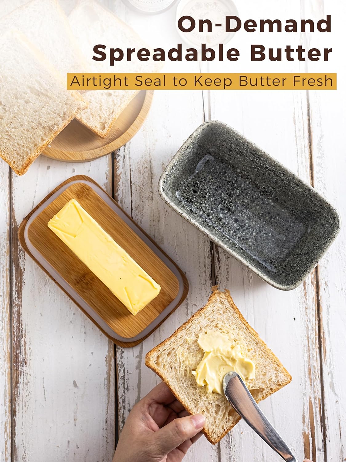 Ceramic Butter Dish with Lid, Covered Butter Dish for Countertop and Refrigerator, Large Butter Keeper Holder with Airtight Seal, HoneyBee Kitchen Decor, Gray