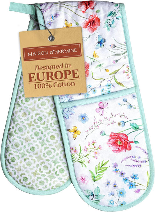Maison d' Hermine Double Oven Mitts 100% Cotton 7"x35" Double Oven Mitt Heat Resistant BBQ Cooking Gloves with Loop, Baking, Grilling, Home, Kitchen, Handling Hot Pans Spring Summer (Just Floral).