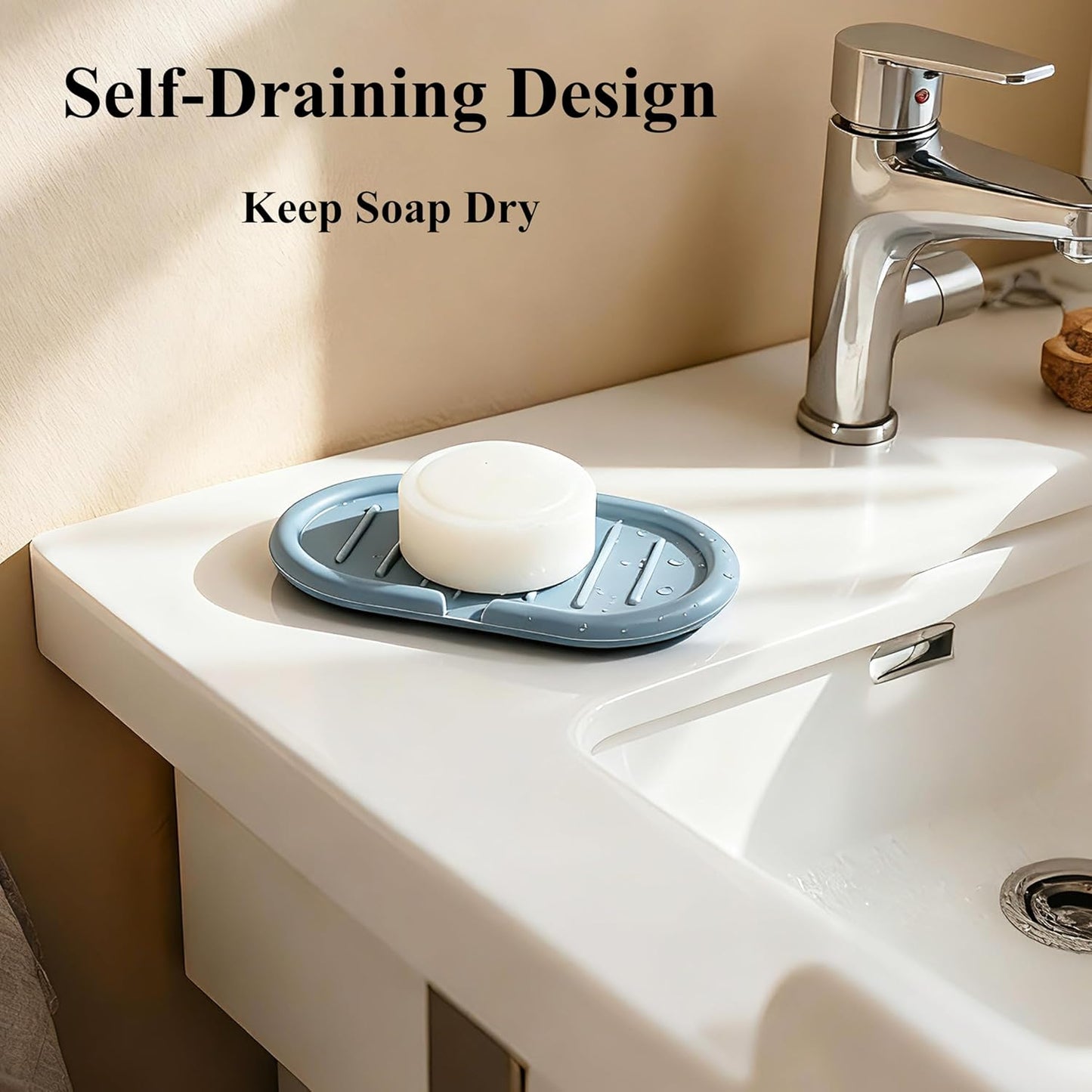 Self-Draining Oval-Shaped Silicone Soap Dish, Soap Holder/Tray/Saver for Shower, Bathroom, Kitchen, Keep Soap Dry, Easy to Clean (3, Light Color)