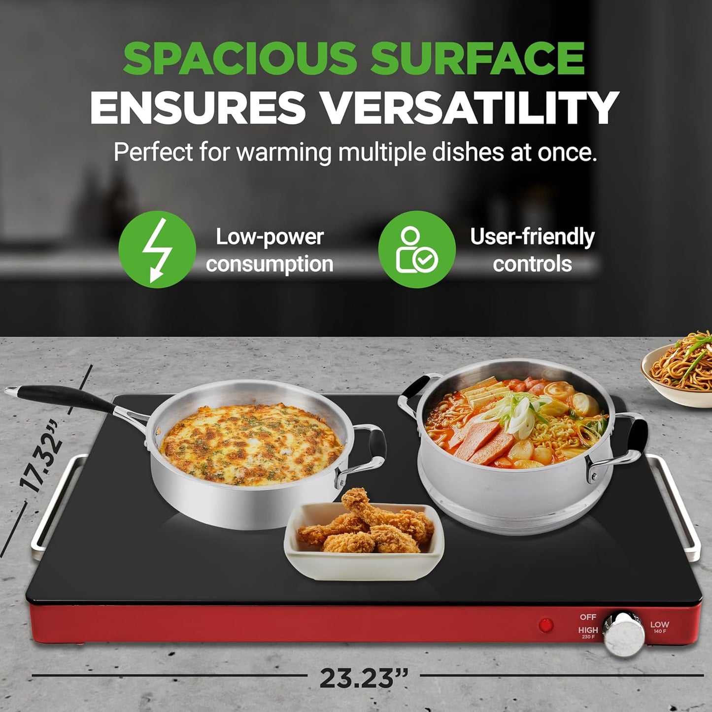 NutriChef Electric Warming Tray | Glass Surface Hot Serving Tray | Adjustable Temperature 140°F to 230°F | Energy Efficient & Space Saving | Perfect for Buffets,Parties & More | 21.2 x 16.5 IN | Red