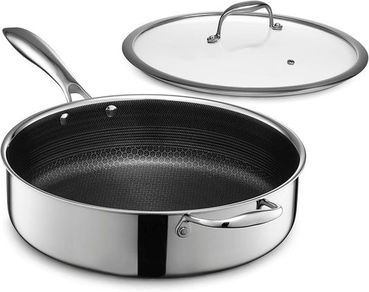HexClad Hybrid Nonstick 5.5-Quart Deep Sauté Pan with Tempered Glass Lid, Stay-Cool Handle, Dishwasher-Friendly, Oven-Safe Up to 900°F, Induction Ready, Compatible with All Cooktops