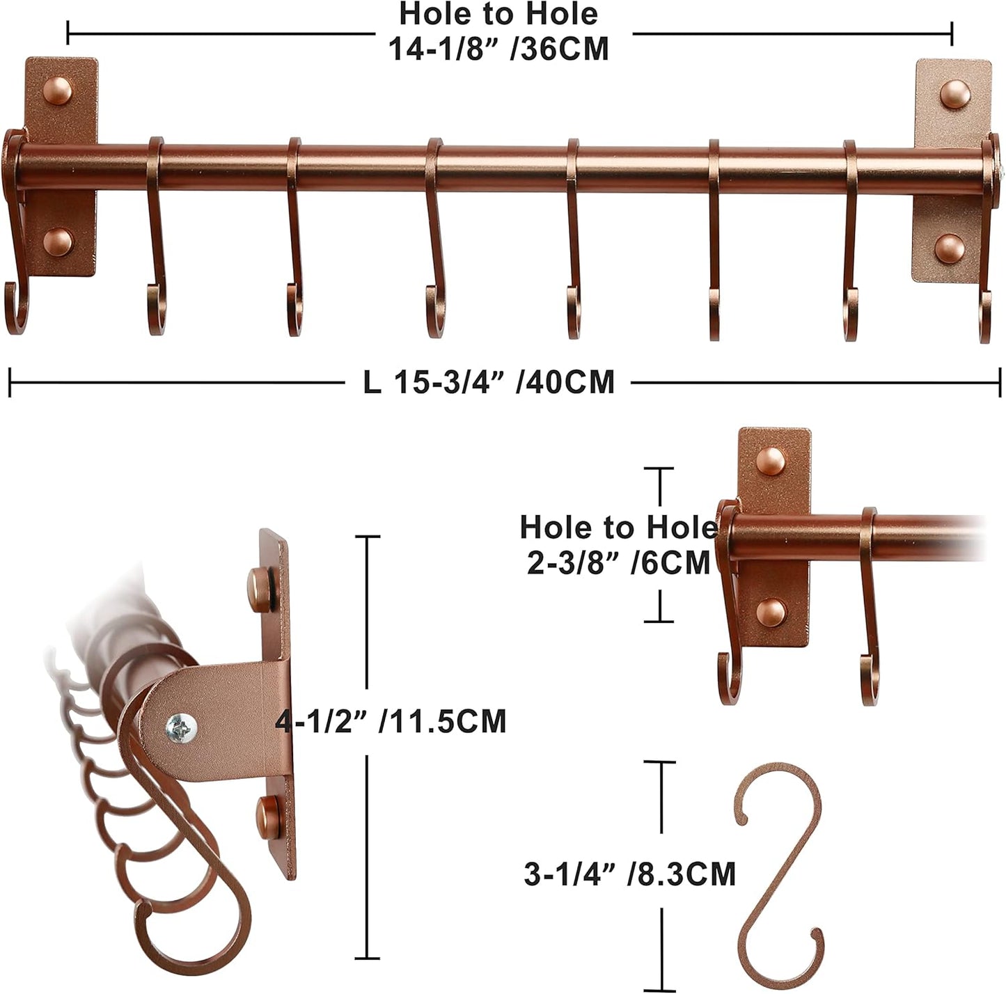 Dseap Kitchen Utensil Holder Hanger, Pot and Pan Rack Wall Mounted, Kitchen Rail with 8 Hooks for Hanging Cooking Utensils, Mugs, Spoons, Wall Mounted, Rose Gold, Pack of 2