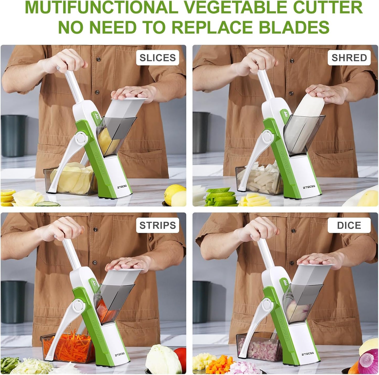 Safe Mandoline Slicer for Kitchen, Potato Slicer, Meal Prep, Adjustable/Easy to Clean/Storage, Kitchen Chopping Artifact, Paring Knife/Cleaning Brush (only Slice, Avocado Green)