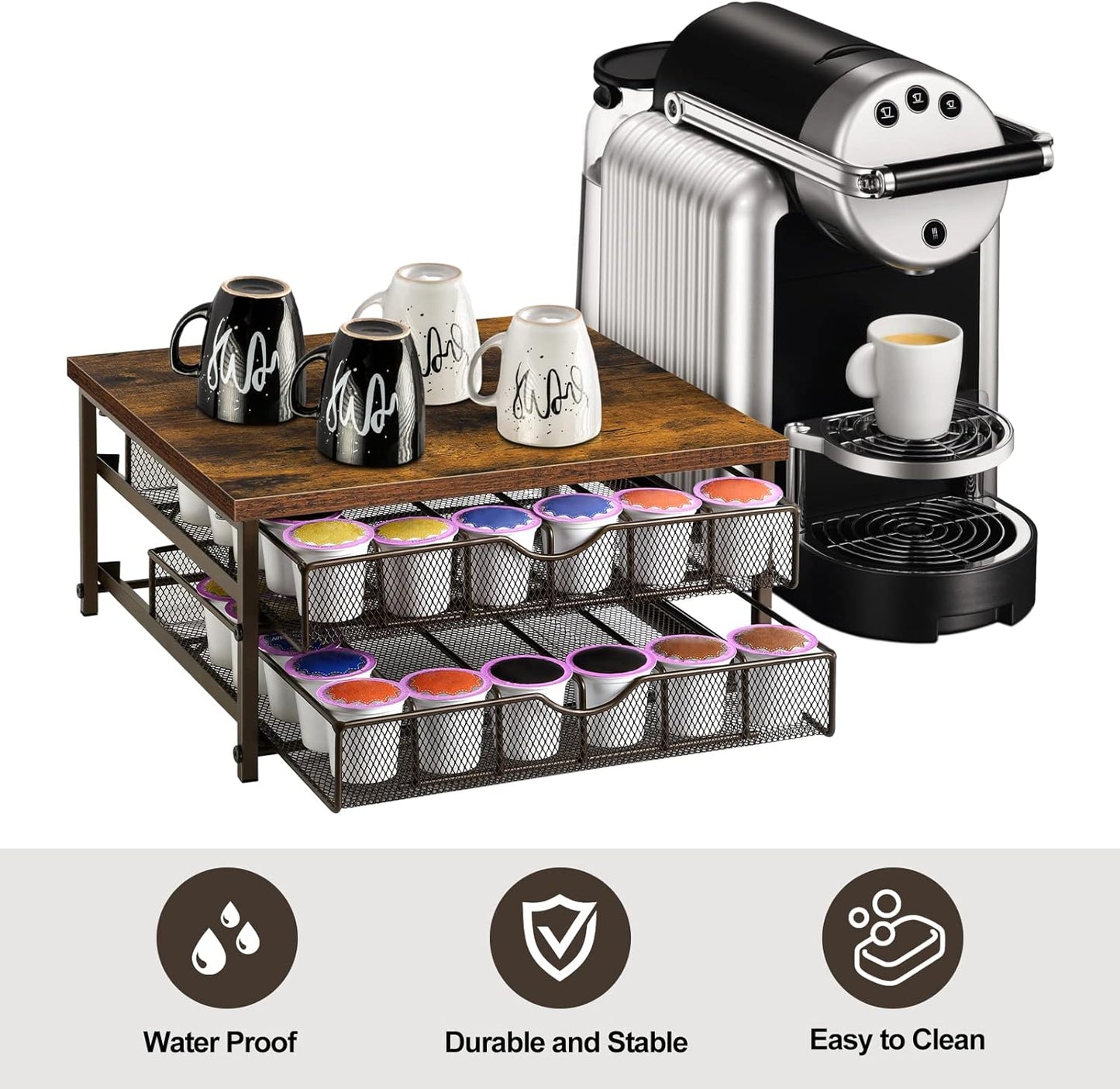 Coffee Pod Drawer Holder Coffee Pod Storage Organizer for Counter 2 Tier Coffee Pod Holder 72 Capacity Capsule Storage Rack with Sliding Baskets for Home Office (Brown)