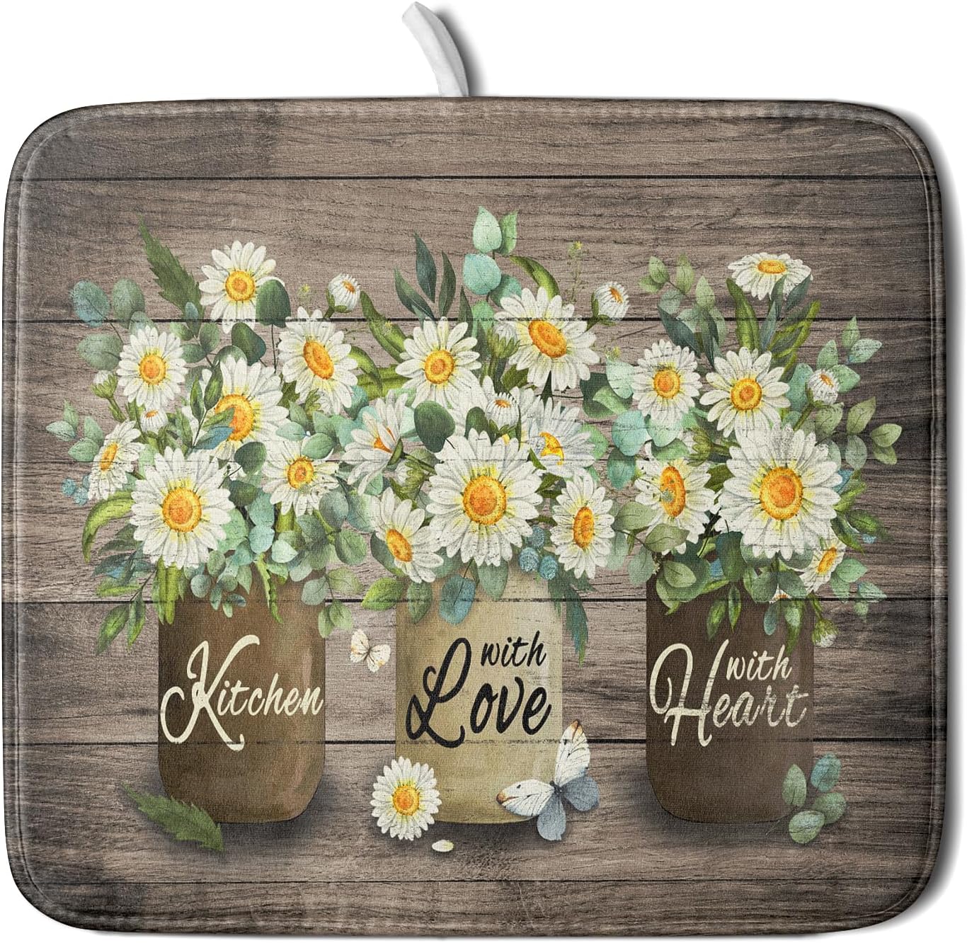Flower Vase Dish Drying Mats 16x18 Inch Rustic Wood Reversible Microfiber Kitchen Countertop Protector Fast Dry Dish Drainer Rack Pad