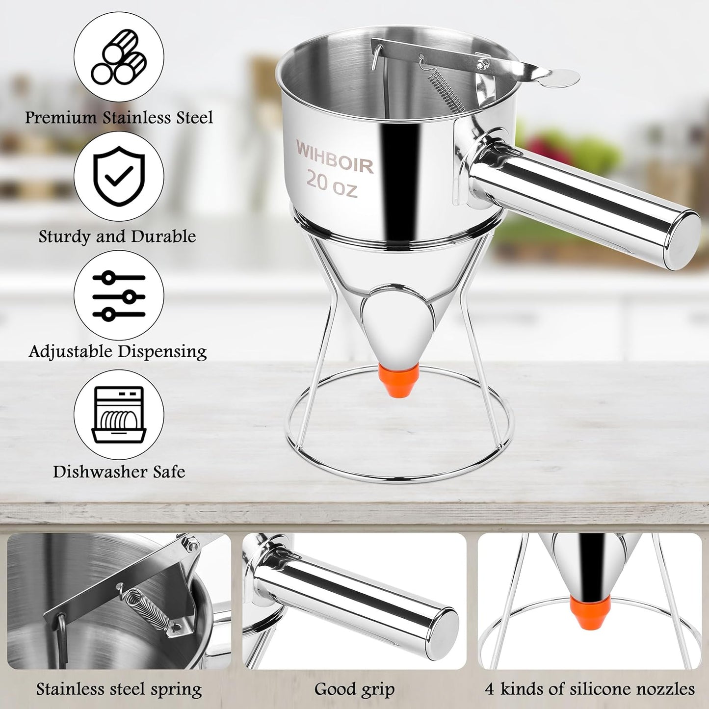 Stainless Steel Pancake Batter Dispenser with Squeeze Handle and Multi-Nozzle, for Pancakes, Cupcakes, and Baked Goods. 20 oz