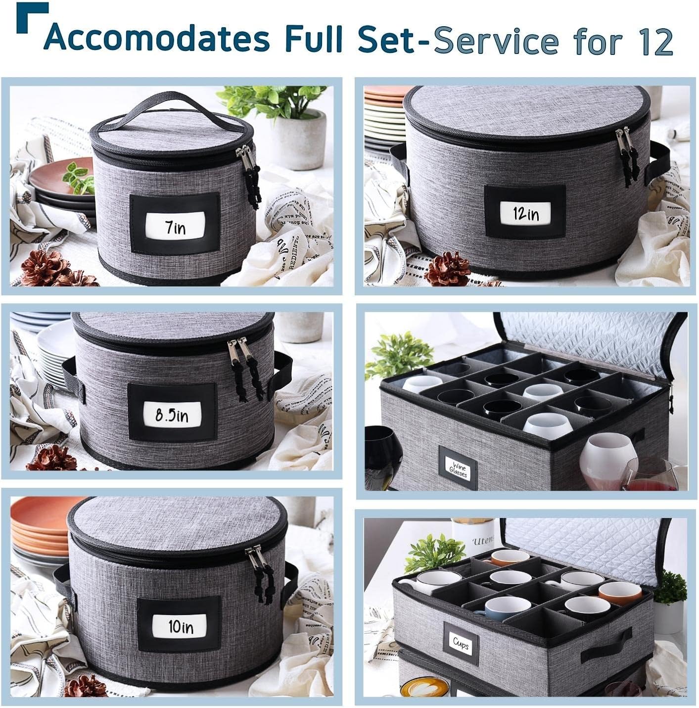 Fine China Storage Containers Hard Shell, 6 Piece Dish Storage Containers, Stackable Plate Storage Containers, Coffee Mug Storage and Wine Glass Storage Box with Dividers, Quilted Dish Organizers