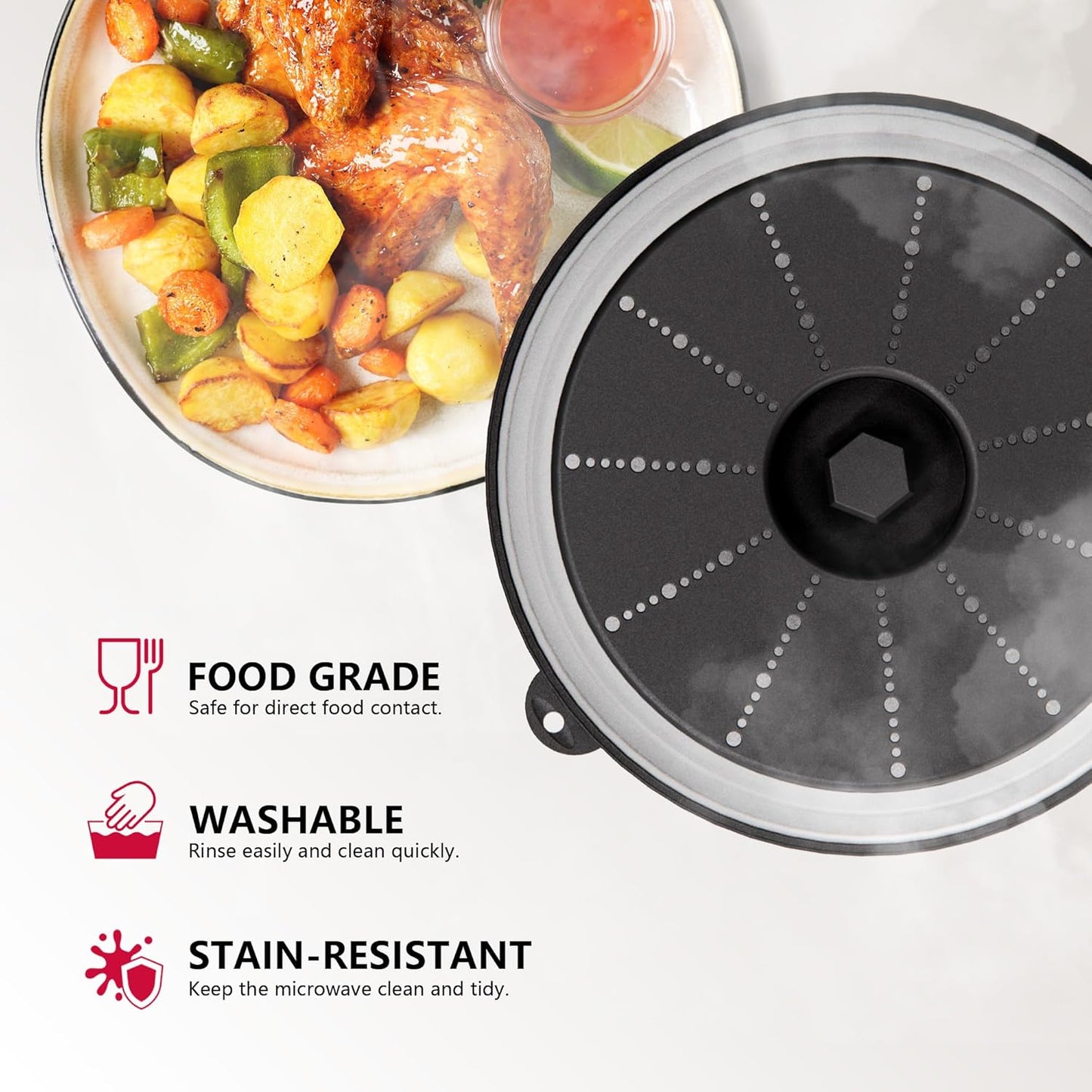 WVM Microwave Splatter Cover Vented for Food with Hook Hole, Splatter Guard & Colander Kitchen Gadget for Food, Meal Prep, Black