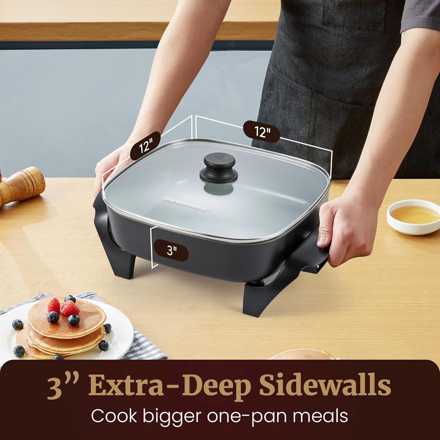 Elite Gourmet 12" x 12" x 3” Ceralast™ Ceramic Non-stick PFAS Free, Dishwasher Safe Electric Skillet, Xtra Deep Dish, Rapid Heat 1200W, Black