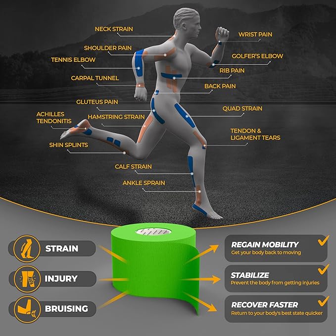 Kinesiology Tape-Incredible Support for Athletic Sports and Recovery + Free Taping Guide-Uncut 2 inch 50 feet Roll (Lime Green + Free Taping Guide, Pack of 1)