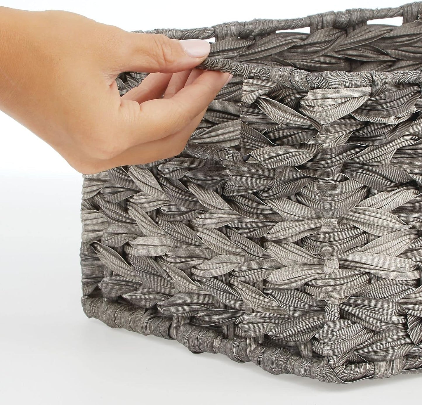 mDesign Woven Farmhouse Kitchen Pantry Food Storage Organizer Basket Bin Box - Container Organization for Cabinets, Cupboards, Shelves, Countertops - Store Potatoes, Onions, Fruit - 3 Pack, Gray Ombre