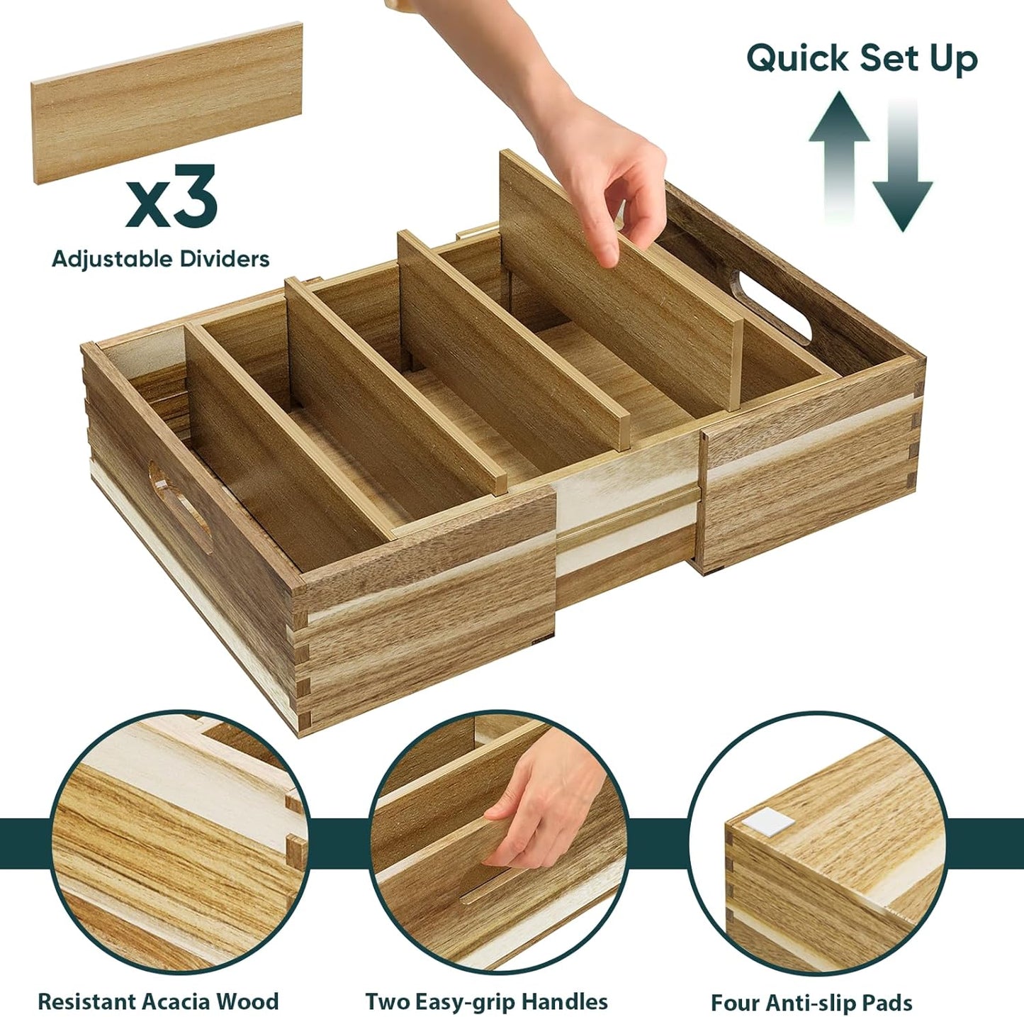 Expandable Lid Organizers Inside Cabinet, Kitchen Cabinet Organizers with 3 Adjustable Dividers, Storage Plastic Lids, Food Container Lid Holder Organizer for Drawer Pantry, Acacia