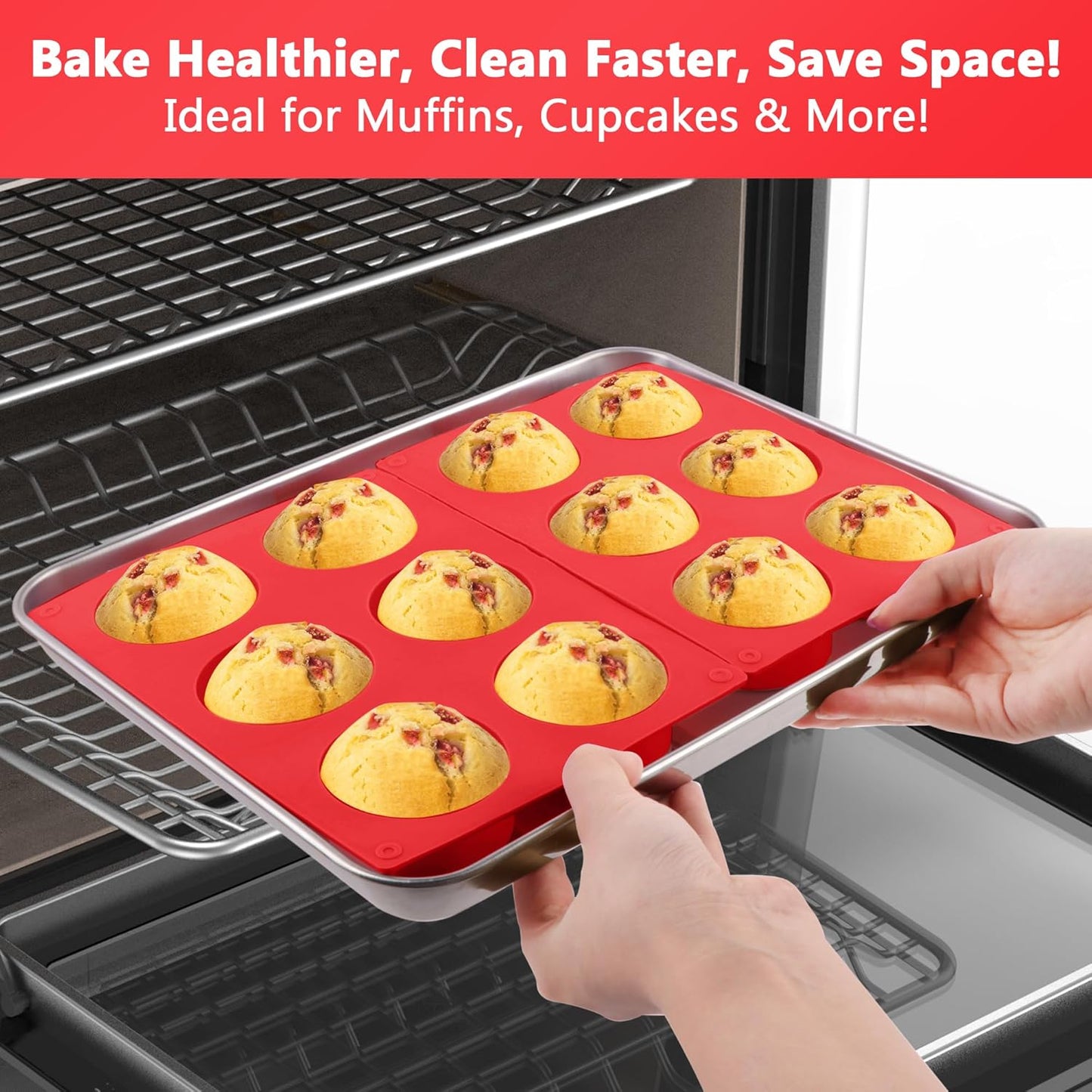 3-Pack Jumbo 6-Cup Silicone Muffin Pan Silicone Muffin Pan - Non-Stick Baking Mold for Cupcakes, Cornbread, Eggs - Red