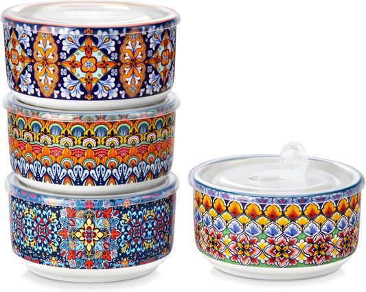 vancasso 36 oz Ceramic Bowls with Lids Set of 4, 6 Inch Food Storage Containers & Prep Bowls for Leftovers, Soup, Cereal, Meal Prep, Office Lunch, Microwave & Dishwasher Safe, Series SIMI