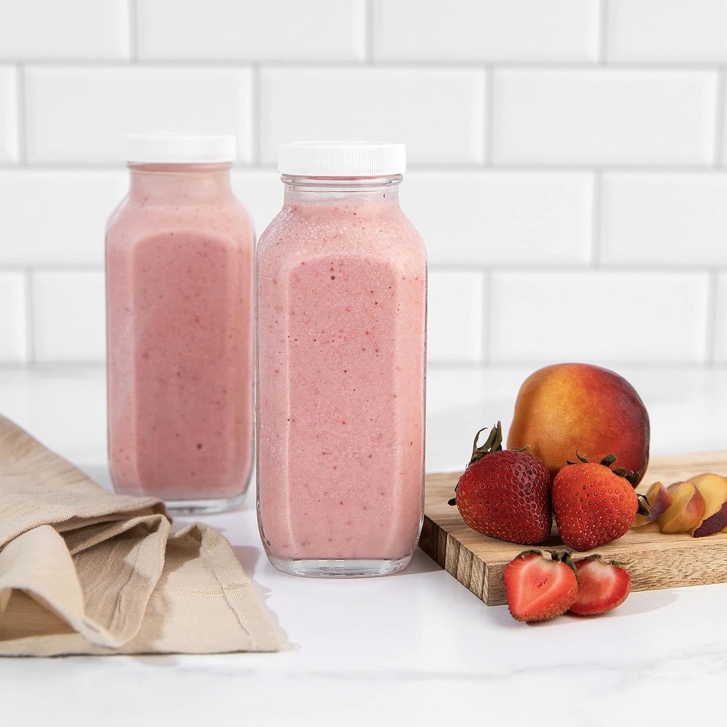 kitchentoolz 16oz Square Glass Milk Bottles with Airtight Plastic Lids – Pack of 4 | Reusable Milk Containers for Fridge & Lunchbox Storage – Ideal for Dairy, Smoothies, Juice, Water & More