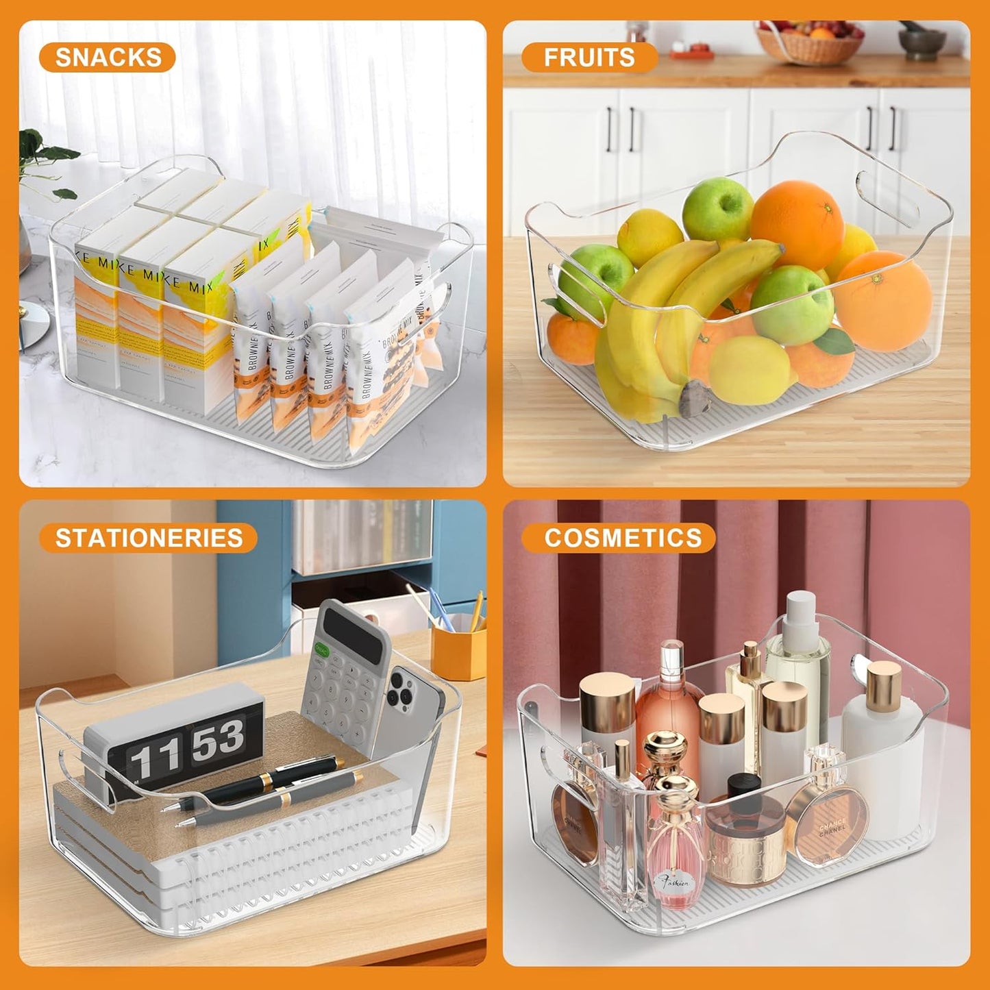 Clear Plastic Storage Bins-Pantry Organizers & Storage Containers-Refrigerator Organizer Bins with Handle - Home Organization Must Haves for Kitchen(Clear 4 Pack-Large)