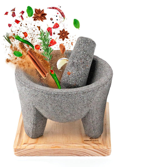 The Authentic Molcajete Mexicano Made of Lava Volcanic Rock, Set with Mortar, Pestle and Cutting Board Included - Large Molcajete 8-Inch, Molcajete de Piedra Volcánica with Less Porous Finish (Grey)