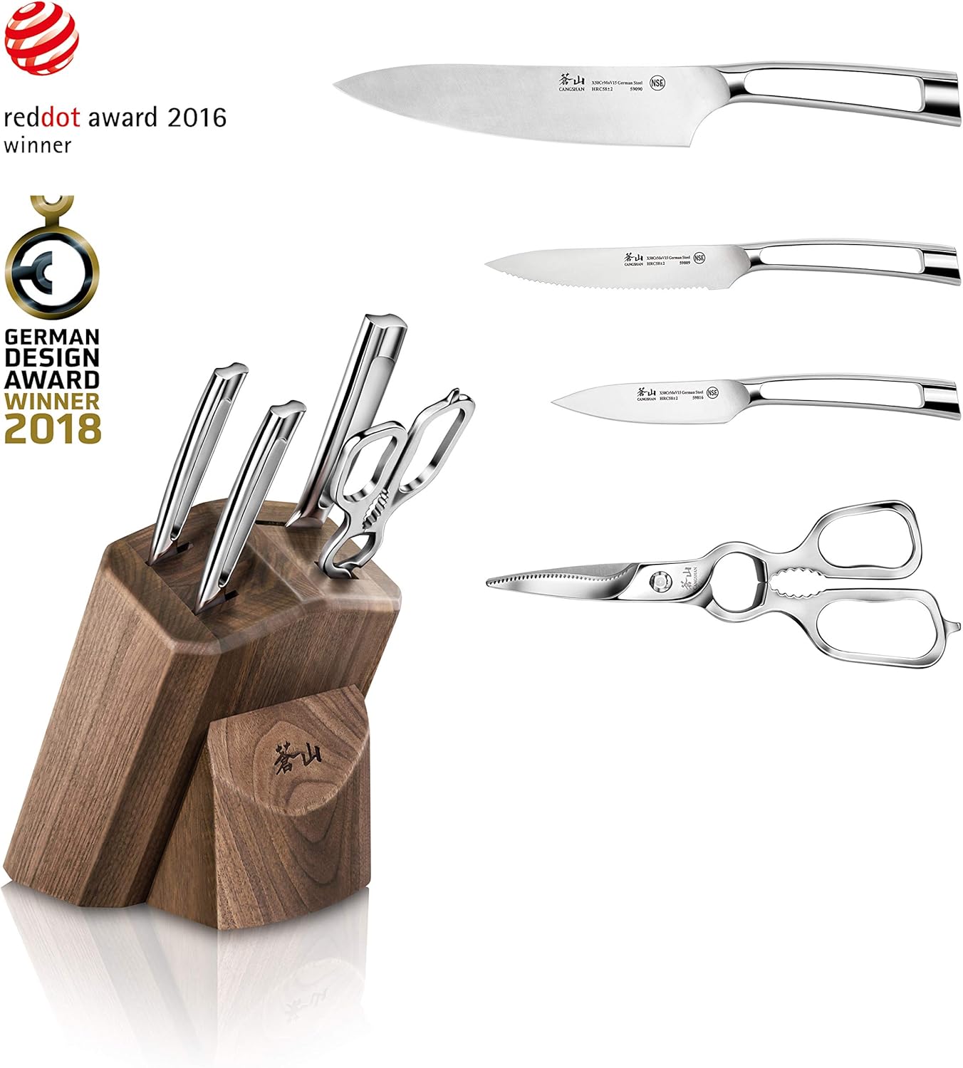 Cangshan N1 Series 1022605 German Steel Forged 5-Piece Starter Knife Block Set, Walnut