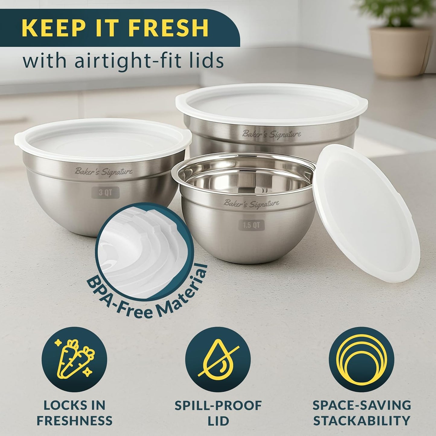 Baker's Signature Stainless Steel Mixing Bowls With Lid, Metal Mixing Bowl Set Of 3, Nesting Set For Food Prep, Baking,Storage, Cooking, Serving | Dishwasher Safe, Silver, 1.5/3/5 Qt