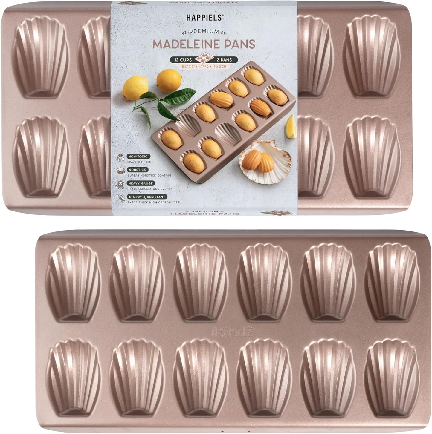 Non Toxic Nonstick Madeleine Pan 12 Well Set of 2 (24 wells) | Non Stick Nontoxic Madeleines Pans for baking | Madeleine Cake Cookie Mold | Madeleine tray for oven | French tin 12