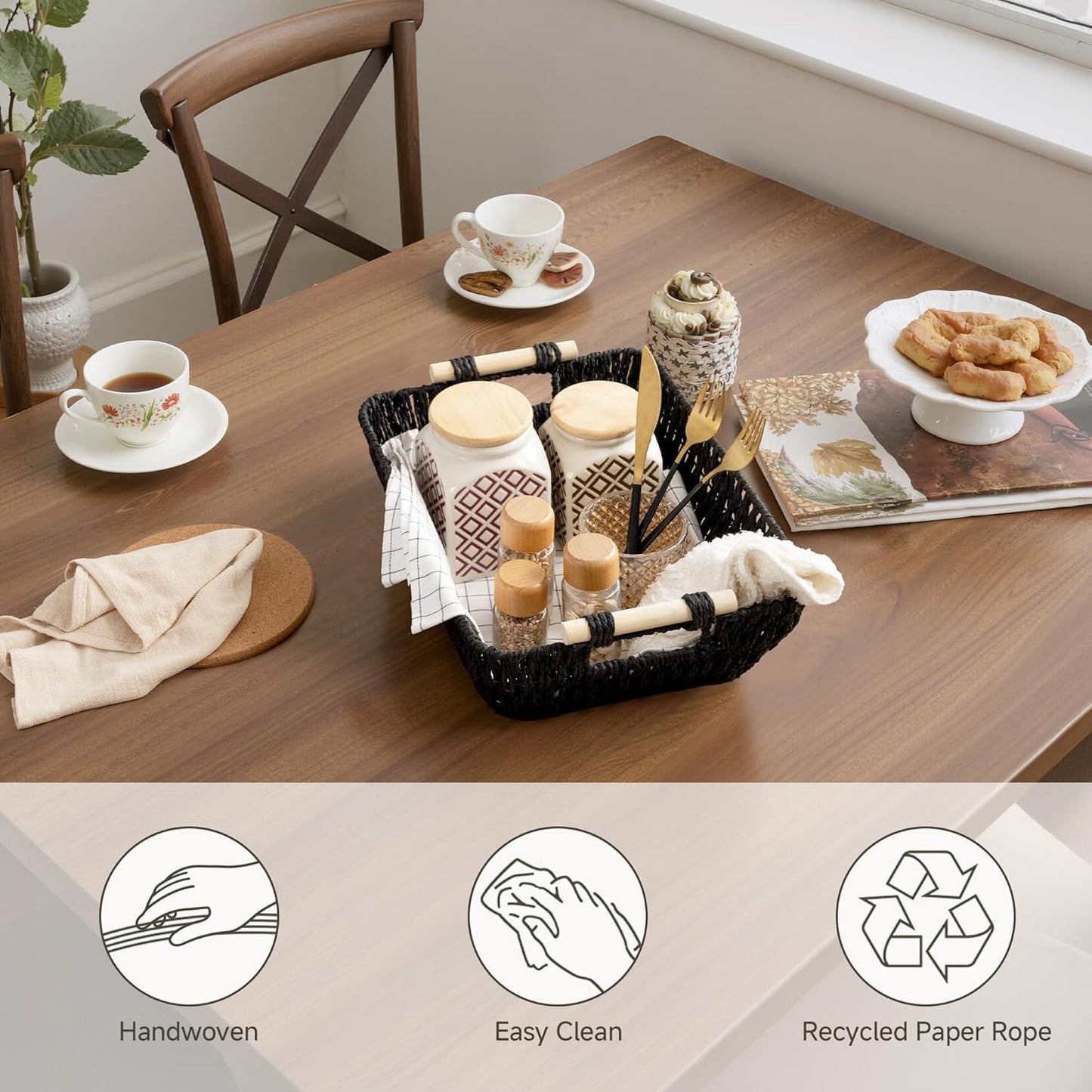 StorageWorks Large Wicker Storage Basket for Organizing with Wooden Handles, Toilet Paper Baskets for Bathroom, Black, 2-Pack