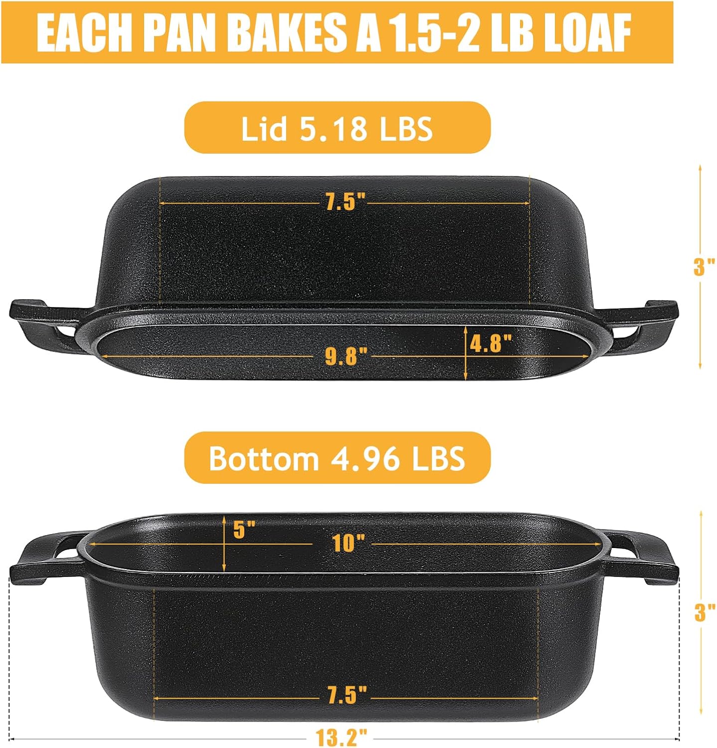 10x5 Cast Iron Loaf Pan with Lid - 2 in 1 Bread Pans for Baking Homemade Sourdough Bread