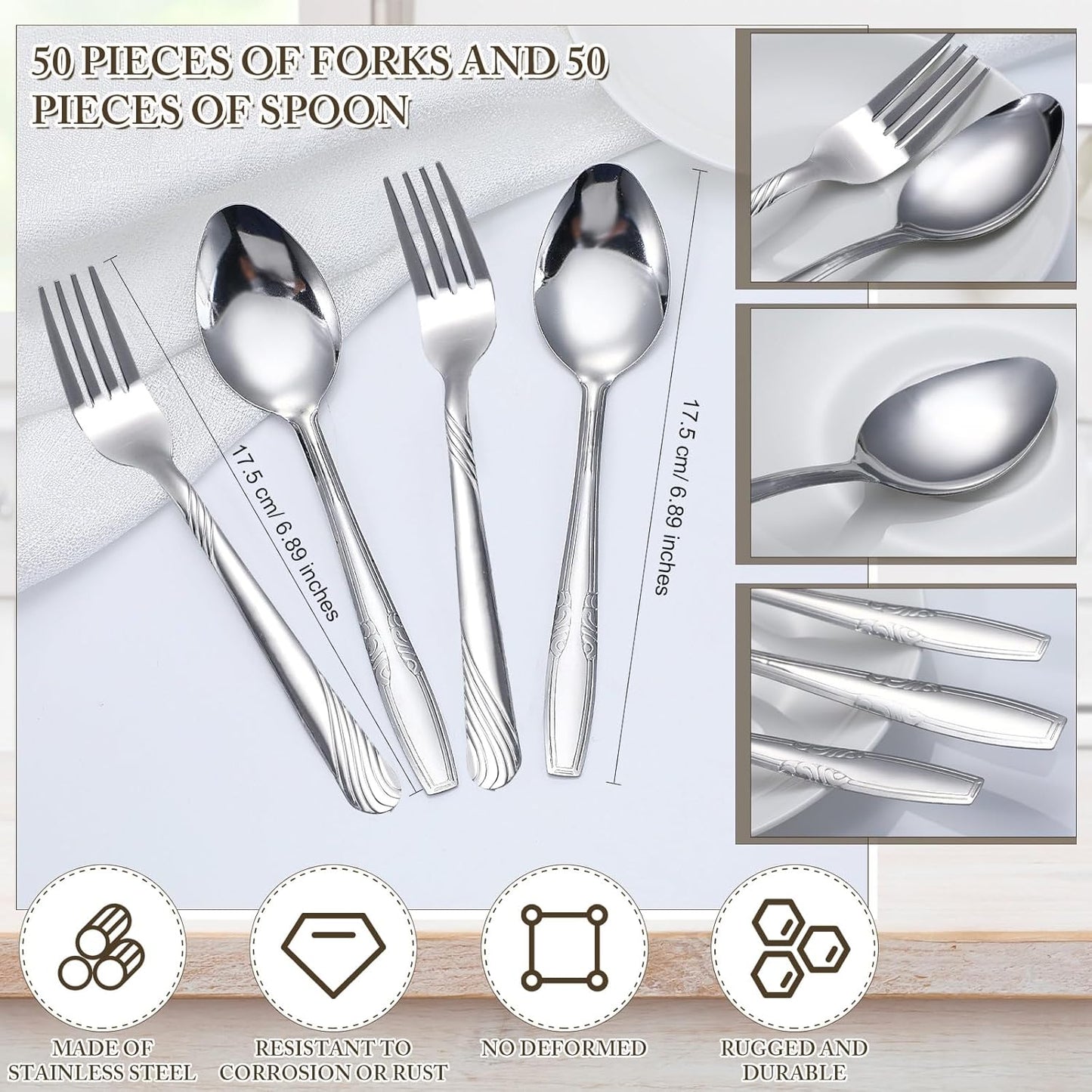 100 Pieces Forks and Spoons Silverware Set Stainless Steel Flatware Cutlery Set Dinner Forks and Spoons Mirror Polished Dishwasher Safe Utensil for Kitchen Restaurant or Home