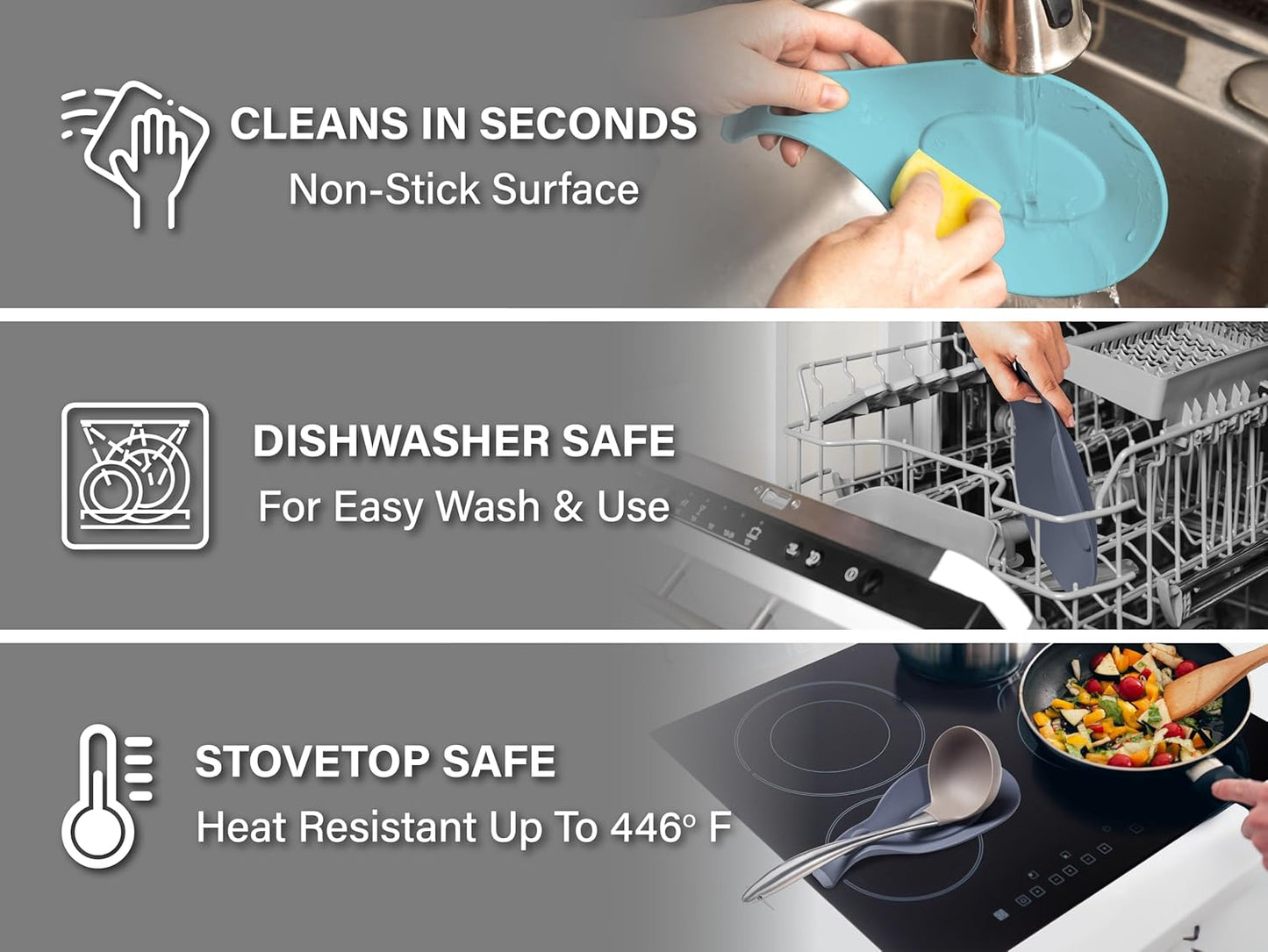 Silicone Spoon Rest for Stove Top, Set of 3 - HEAT RESISTANT, EASY TO CLEAN Kitchen Spoon Rest for Kitchen Counter, Holds XL Utensils, Safe on GLASS & INDUCTION Cooktops, DOESN’T BREAK if Dropped