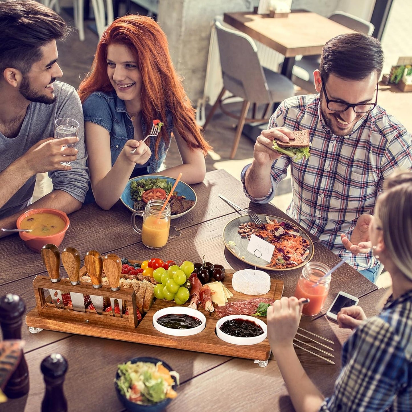 eleganlife Charcuterie Boards Set with Knives, Acacia Cheese Board Large, Charcuterie Platters with Compartments, Serving Boards Gifts for Wedding, Birthday and Housewarming Party