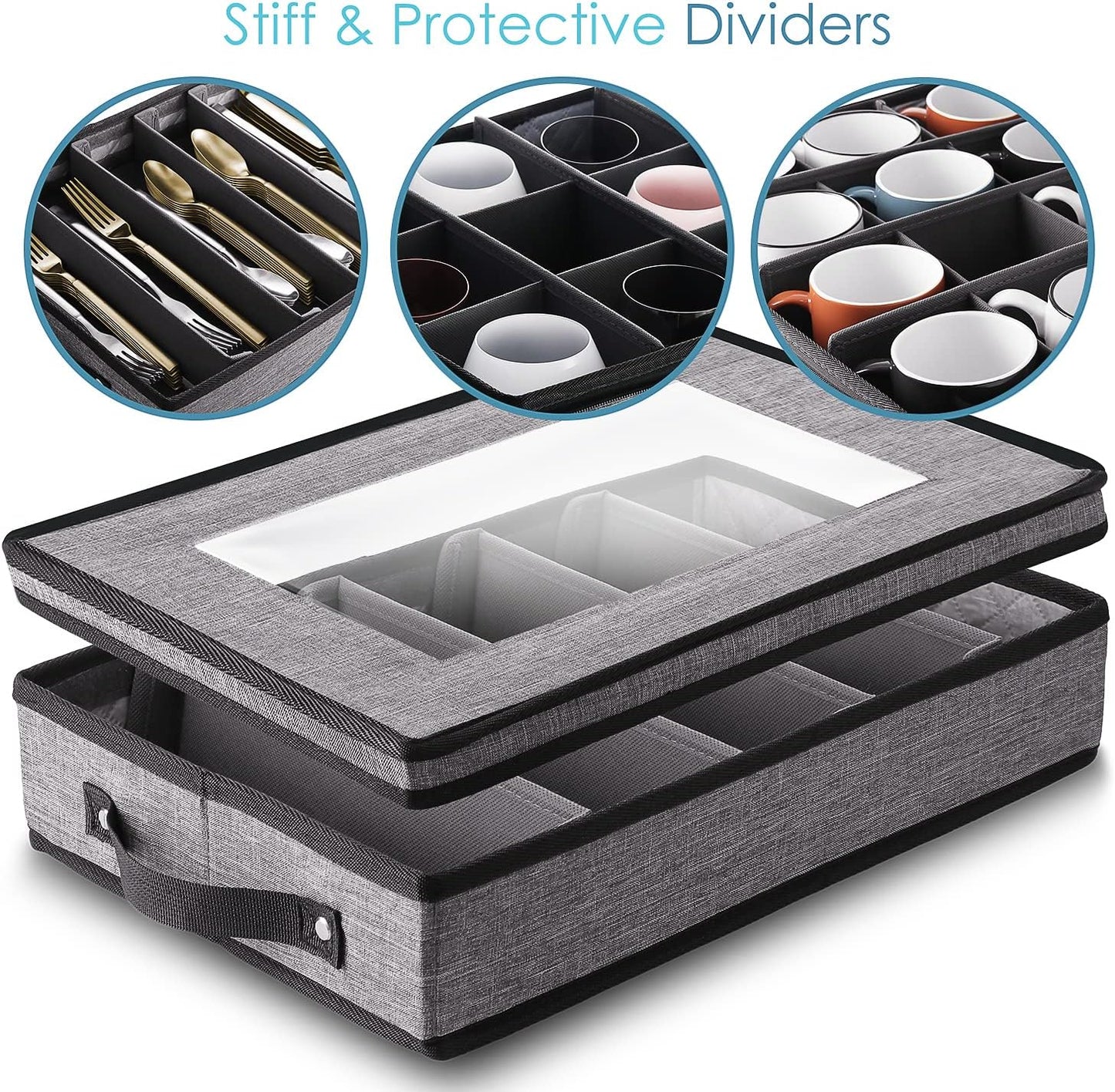 Hearth & Harbor Fine China Storage Containers, 6 Piece Dish Storage Containers, Stackable Plate Storage, Coffee Mug Storage and Wine Glass Storage Box with Dividers, Quilted Dish Organizers, Grey