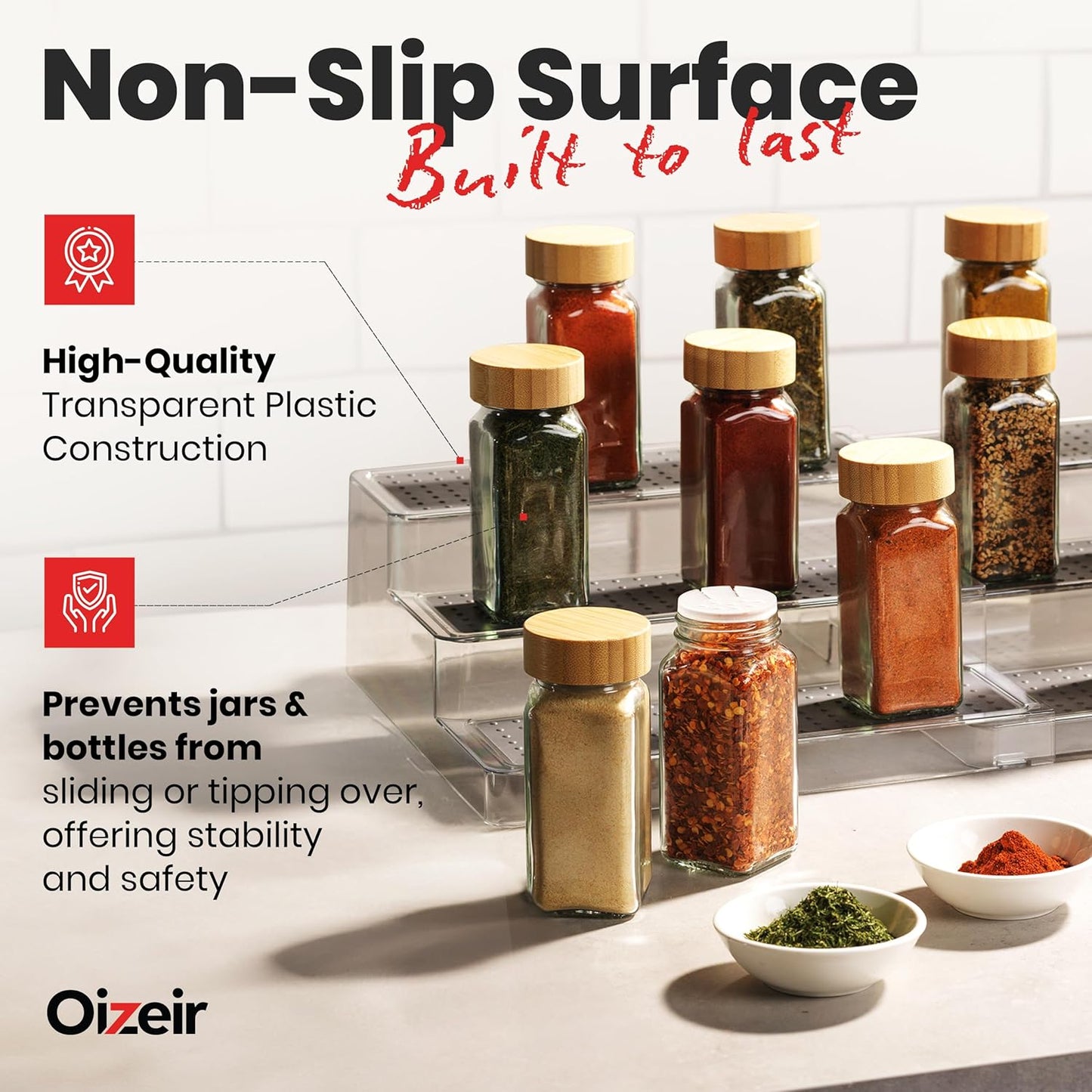 Expandable Spice Organizer Rack (2-PACK) - 3-Tier - Clear Adjustable Tiered Shelf Spices Organization for Kitchen Cabinet and Pantry Storage