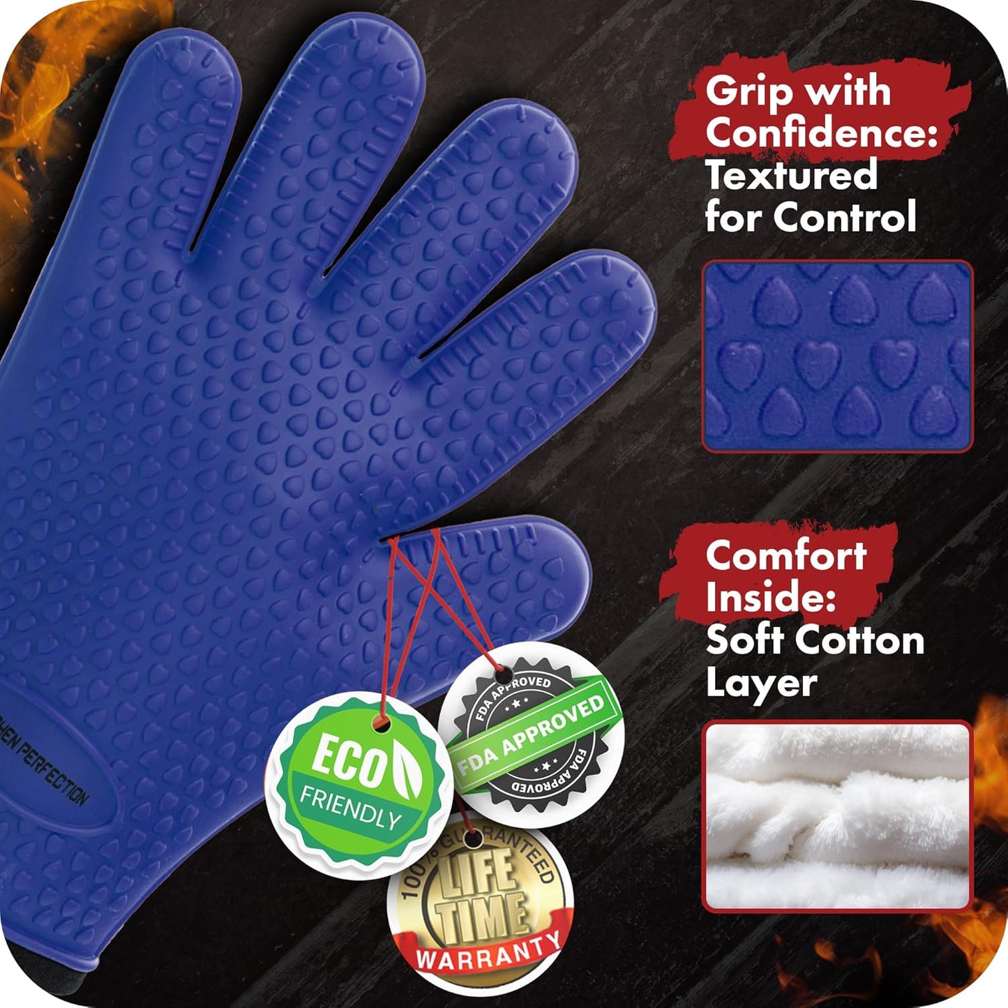 KITCHEN PERFECTION XL Silicone Smoker Oven Gloves-Extreme Heat Resistant BBQ Gloves-Handle Hot Food Right on Your Grill Fryer&Pit|Waterproof Grilling Cooking Baking Mitts|Superior Value Set+3 Bonuses