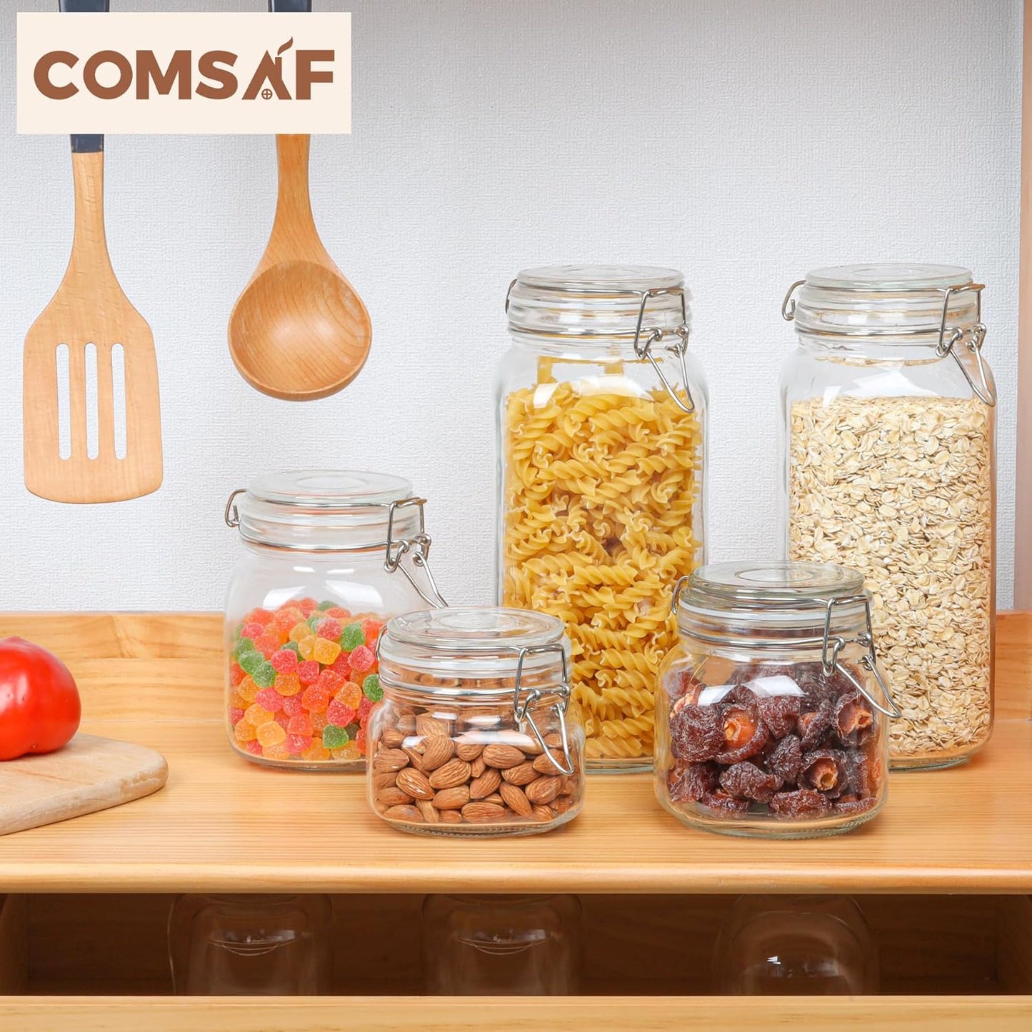 ComSaf Airtight Glass Canister Set of 3 with Lids 78oz Food Storage Jar Square - Storage Container with Clear Preserving Seal Wire Clip Fastening for Kitchen Canning Flour, Cereal, Pasta, Sugar, Beans