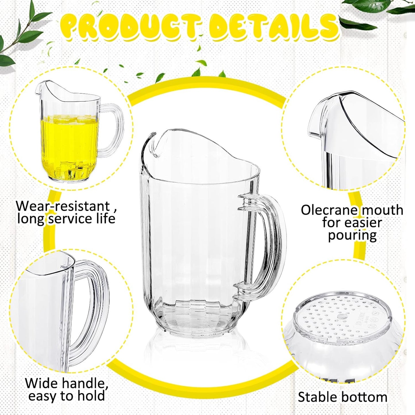 Tessco for you Plastic Pitchers 60 Ounce Clear Restaurant Jug Large Water Pitcher Carafe Serve Milk Tea Juice Drink for Parties Container Dispenser Beer Jar(3 Pcs)