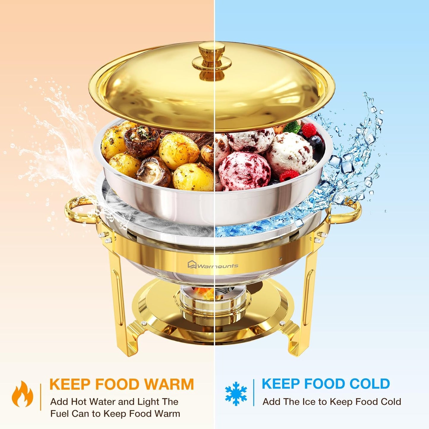 Gold Chafing Dishes for Buffet (5QT, 2 Pack), Round Chafers and Buffet Warmers Sets with Lid Holder, Food-Grade Stainless Steel, Rolled Edge Design, for Catering Events, Parties, Weddings