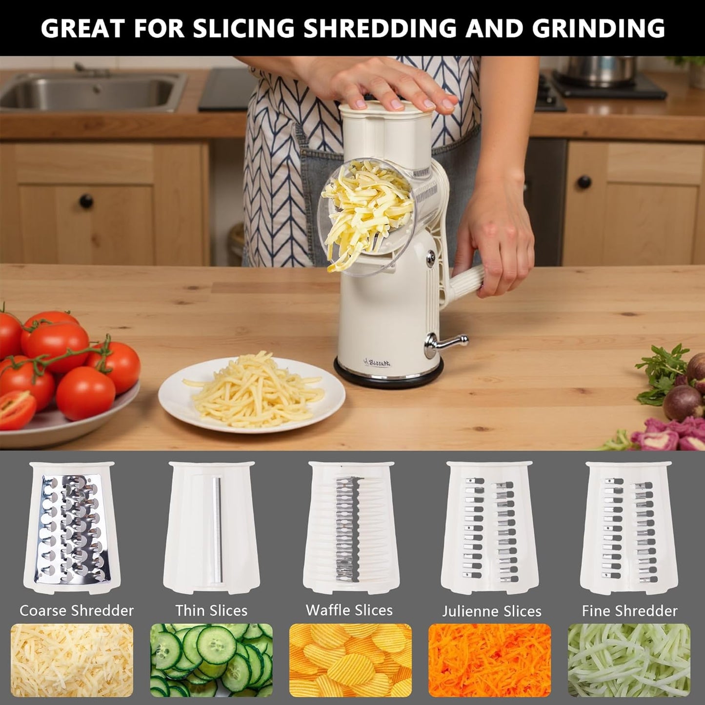 5 in 1 Rotary Cheese Grater Vegetable Slicer with Handle - Upgraded Hand Crank Cheese Grater with Handle and Strong Suction Base, Multi-Purpose Vegetable Slicer with 5 Well-Designed Blades
