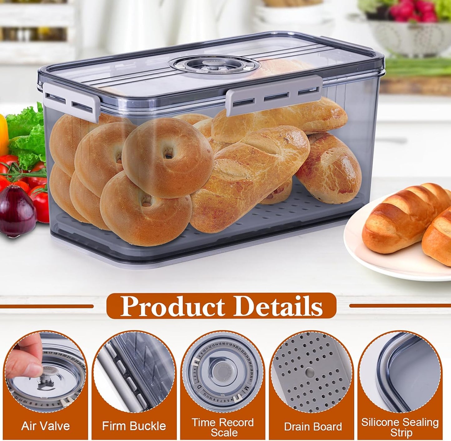 Bread Box for Homemade Bread Boxes for Kitchen Counter Airtight, Time Recording Bread Storage Container with Lid, Bread Containers Storage Airtight Loaf Bread Keeper, Grey