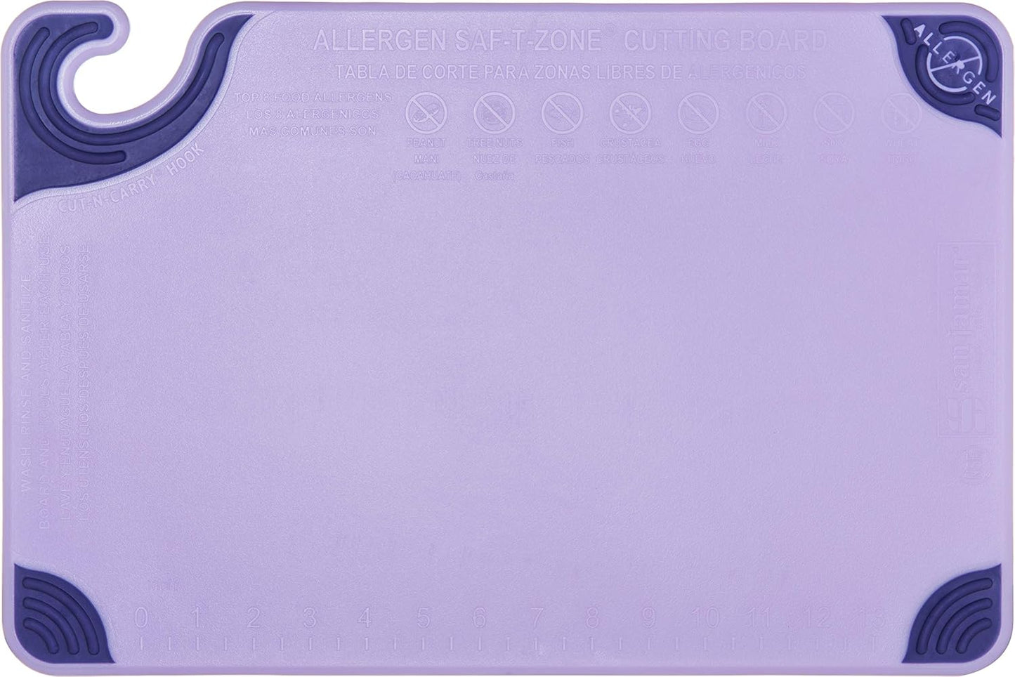 San Jamar Saf-T-Grip Plastic Cutting Board with Safety Hook, 12" x 18" x 0.5", Purple