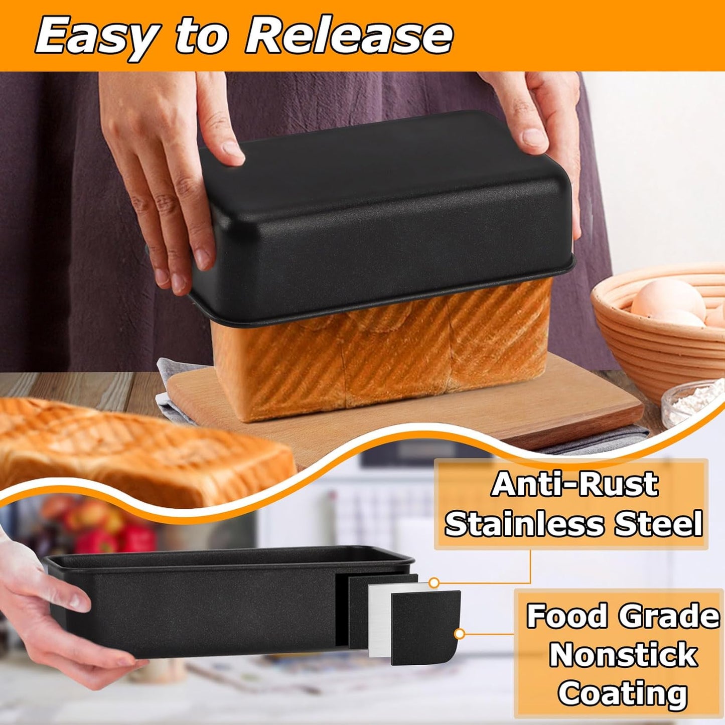 LIANYU 2 Pack Bread Loaf Pan for Baking, 9×5 Inch Nonstick Stainless Steel Bread Baking Loaf Pan, Meatloaf Tin for Homemade Banana Sourdough, Dishwasher Safe