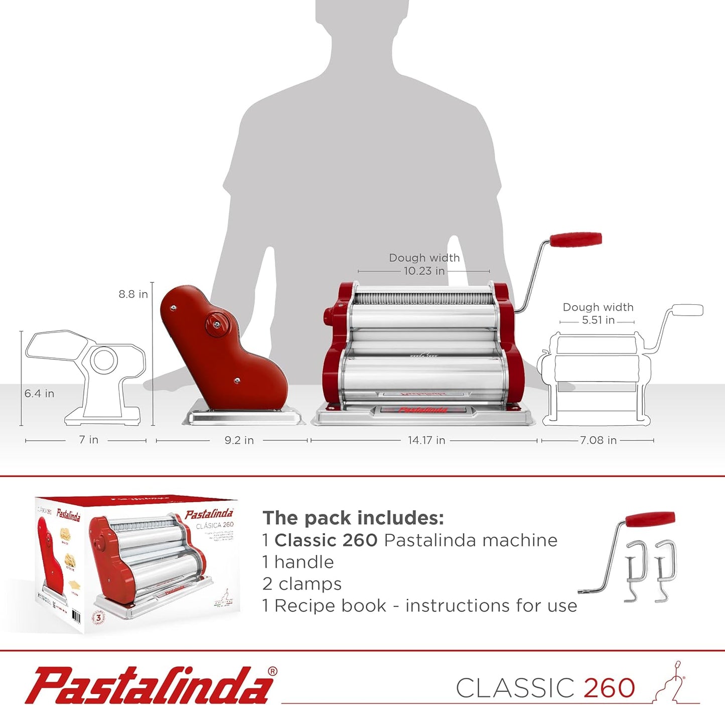 PASTALINDA Classic 260 Pasta Maker Machine, 26 cm Wide Rollers, 9 Thickness Positions, 2 Cutting Positions, Stainless Steel. Includes Reinforced Hand Crank And Two Clamps (Bordeaux)
