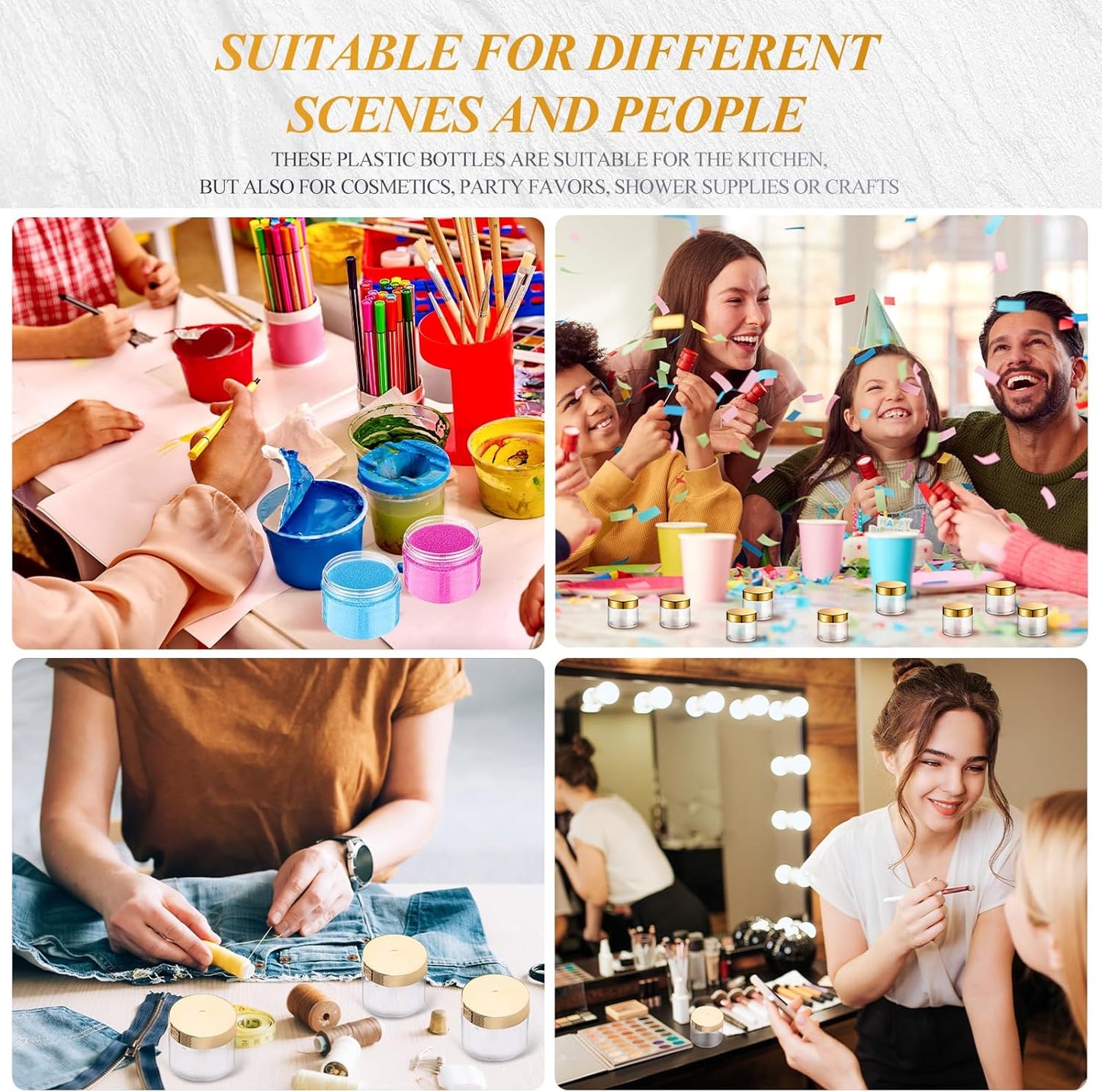 SATINIOR 6 Pack 6 oz Plastic Jars Containers with Lids Wide-mouth Refillable Leakproof Reusable Round Empty Jars for Travel Cosmetic Dry Food Spice Candy Cookie Home Kitchen Organizing(Gold)