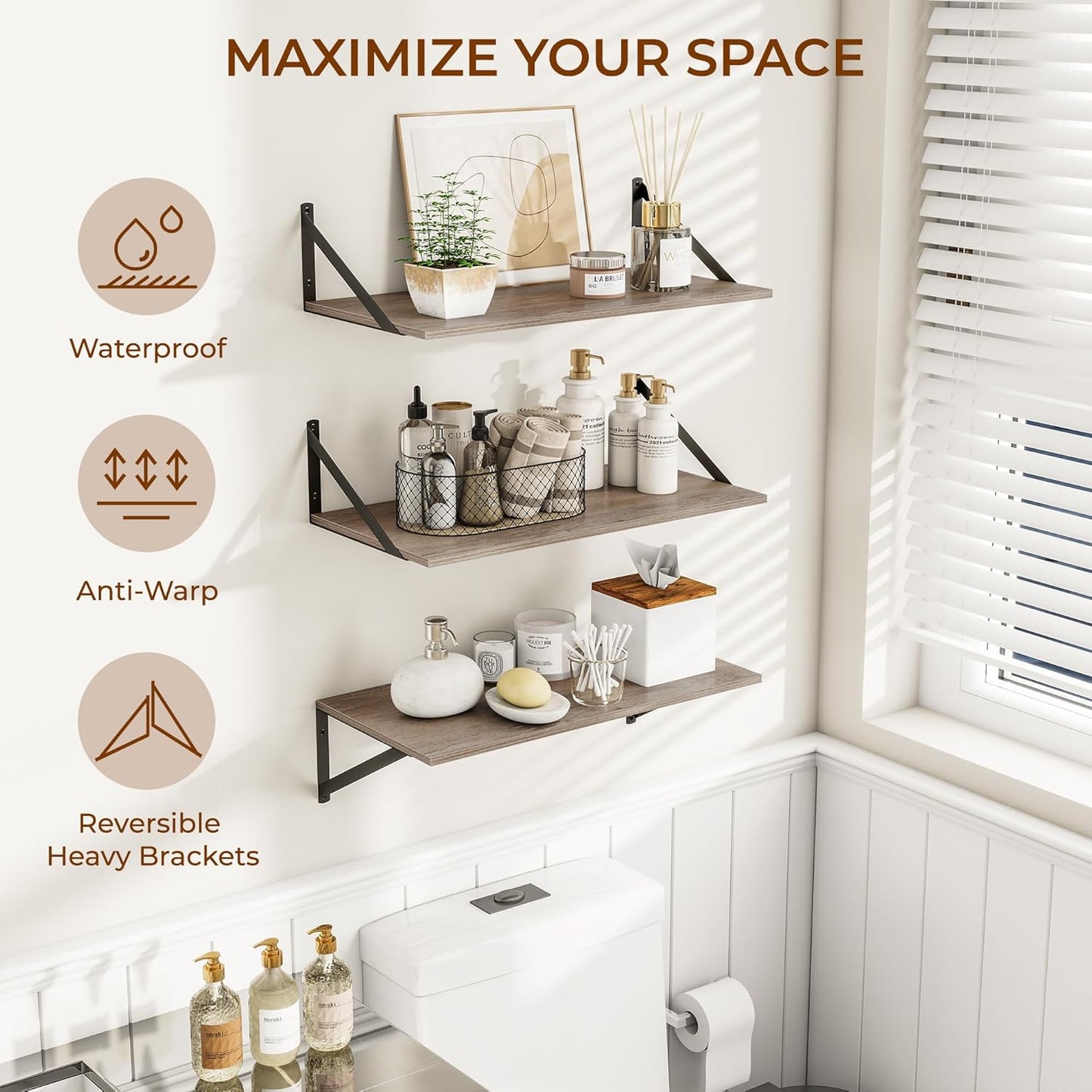 Heimlove 24" W x 12" D Wall Shelves for Books, 12 Inch Deep Floating Shelves Set of 3, Wide Floating Bookshelf with Metal Bracket for Living Room, Kitchen, Office, Bedroom and Decor Storage - Grey