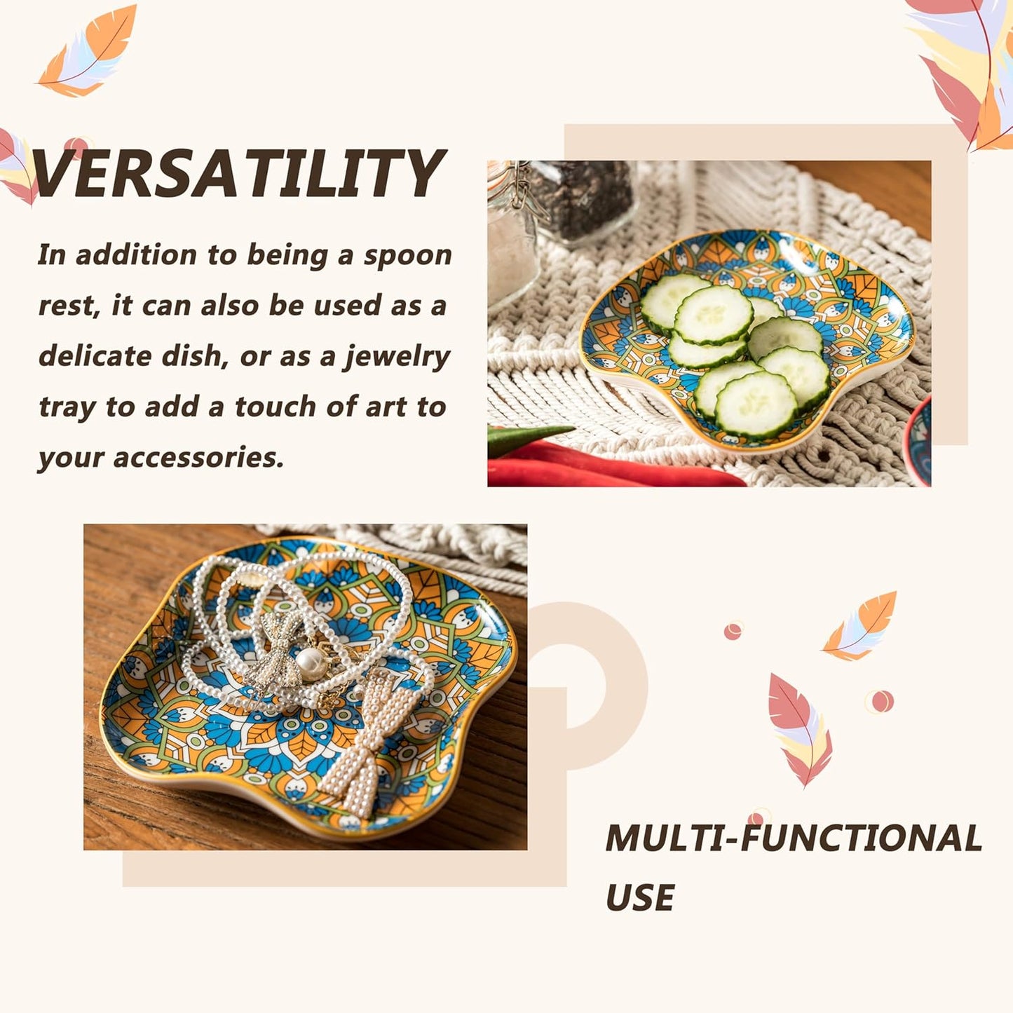 Spoon Rest for Stove Top, Ceramic Spoon Holder for Kitchen Countertop, Coffee Spoon Rest, Large Cooking Spatula Holder for Spoons, Ladles or Tongs, Bohemian Decor, Orange-colored boho Style