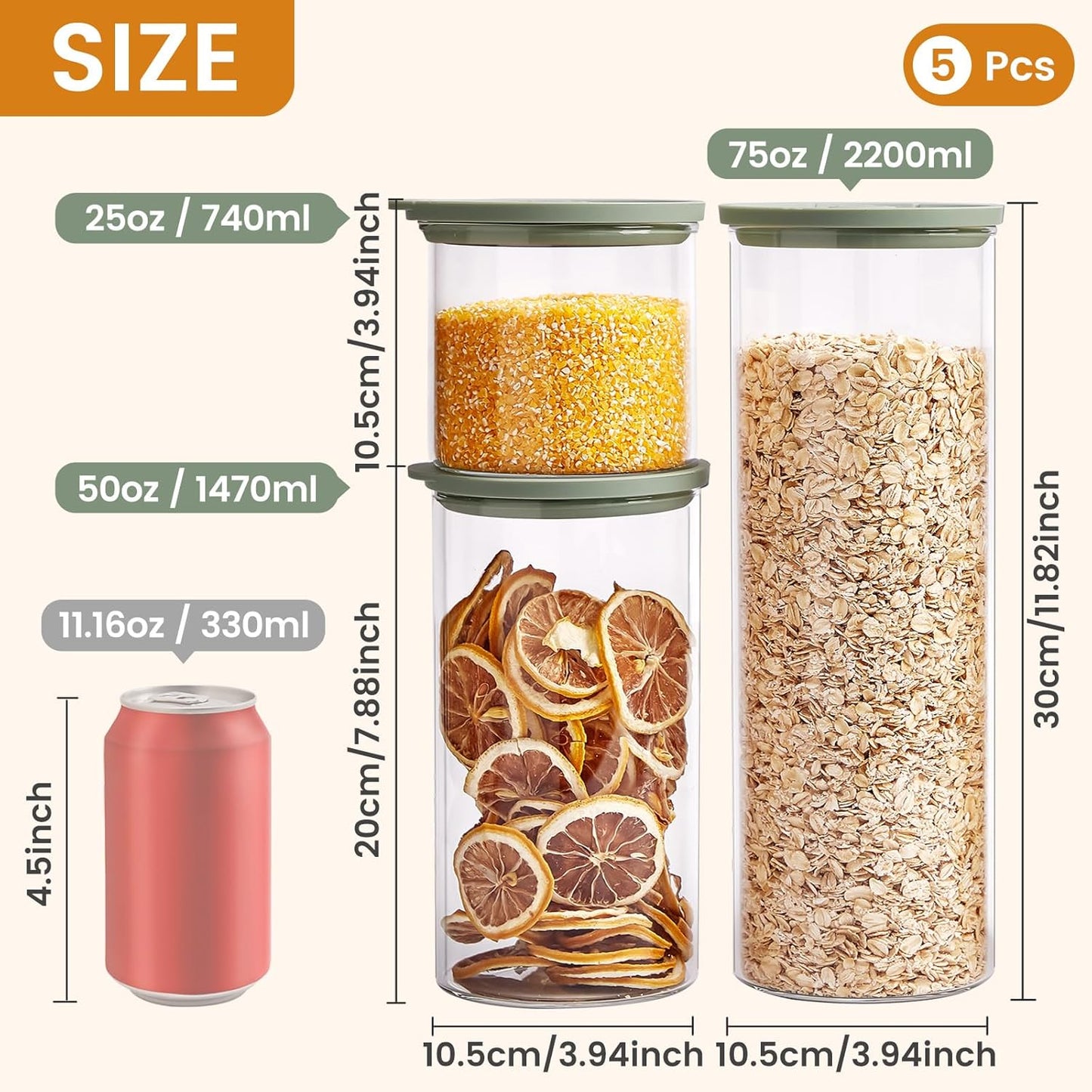 Glass Food Storage Jars with Lids[Set of 5], Perfect for Pasta, Cookies, Nuts, Coffee, Cereal, Flour, and More, Organize Your Kitchen with these BPA-Free Glass Jars with Silicone Lids