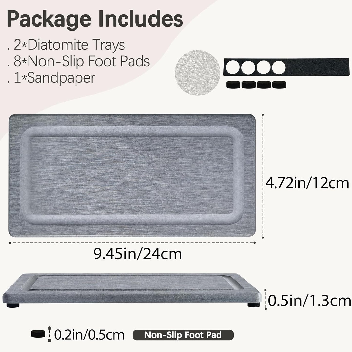 2 PCS Water Absorbing Stone Trays for Bathroom Sink & Kitchen Counter, Fast-Drying Diatomite Sink Coasters, Vanity Tray, Hand Soap Holder with Anti-Skid Pads (9.5" x 4.7" Gray)