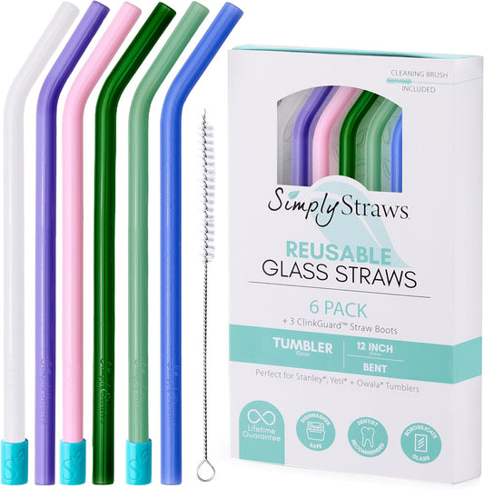 Simply Straws 12 Inch Glass Straws Bent (6-Pack) – Reusable Glass Straws for Stanley 40 Oz Tumbler, with Cleaning Brush – Durable, Dishwasher Safe, Hot & Cold Use, BPA-Free (Cote d'Azur)