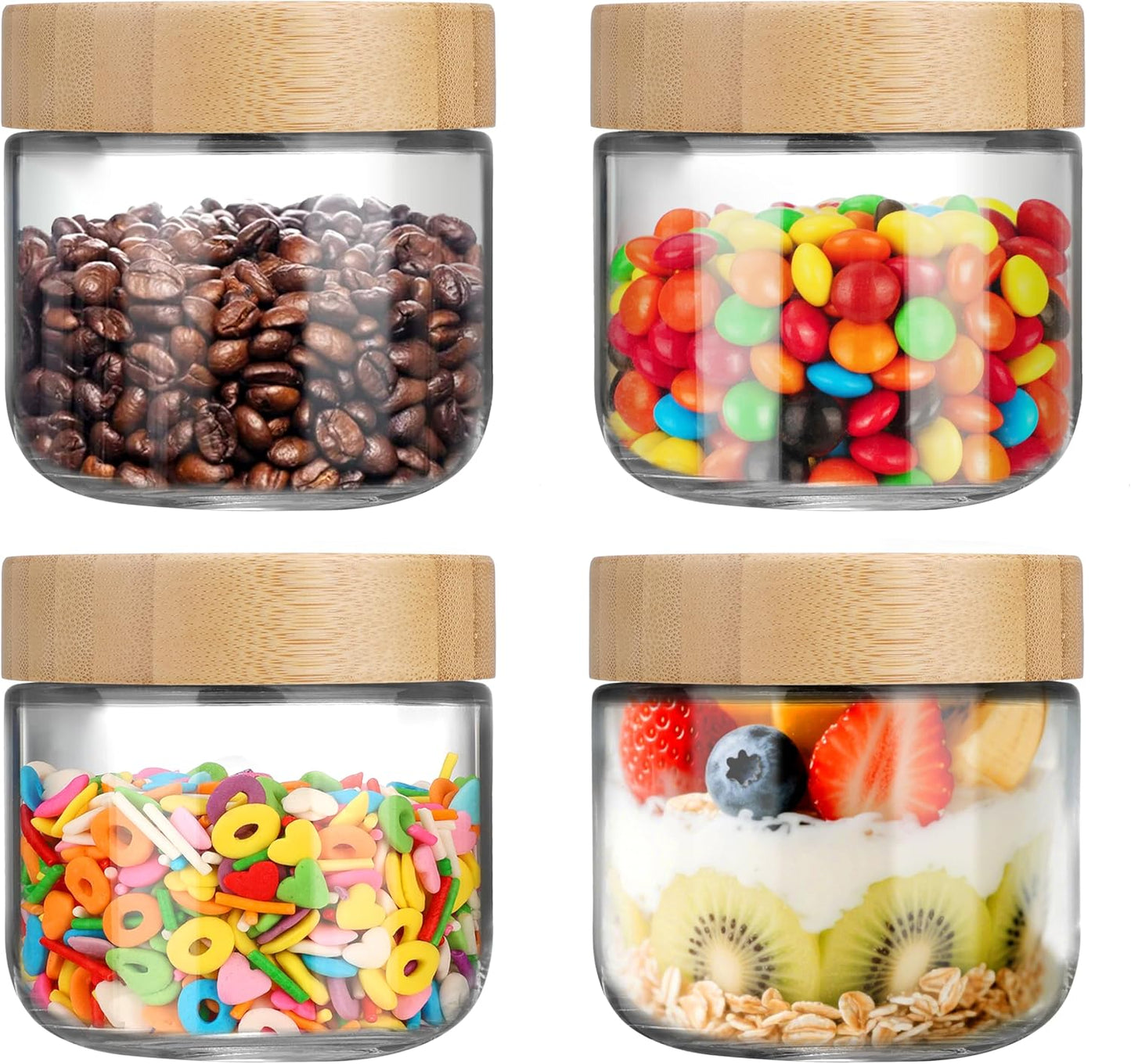 OcePor 4 Pack 10oz Glass Jars with Bamboo Lids, Over Night Oats Container with Airtight Lid, Glass Snack Storage Salad Jars For Food, Yogurt, Sugar and Flour,Coffee Bean, Cookie, Cereal